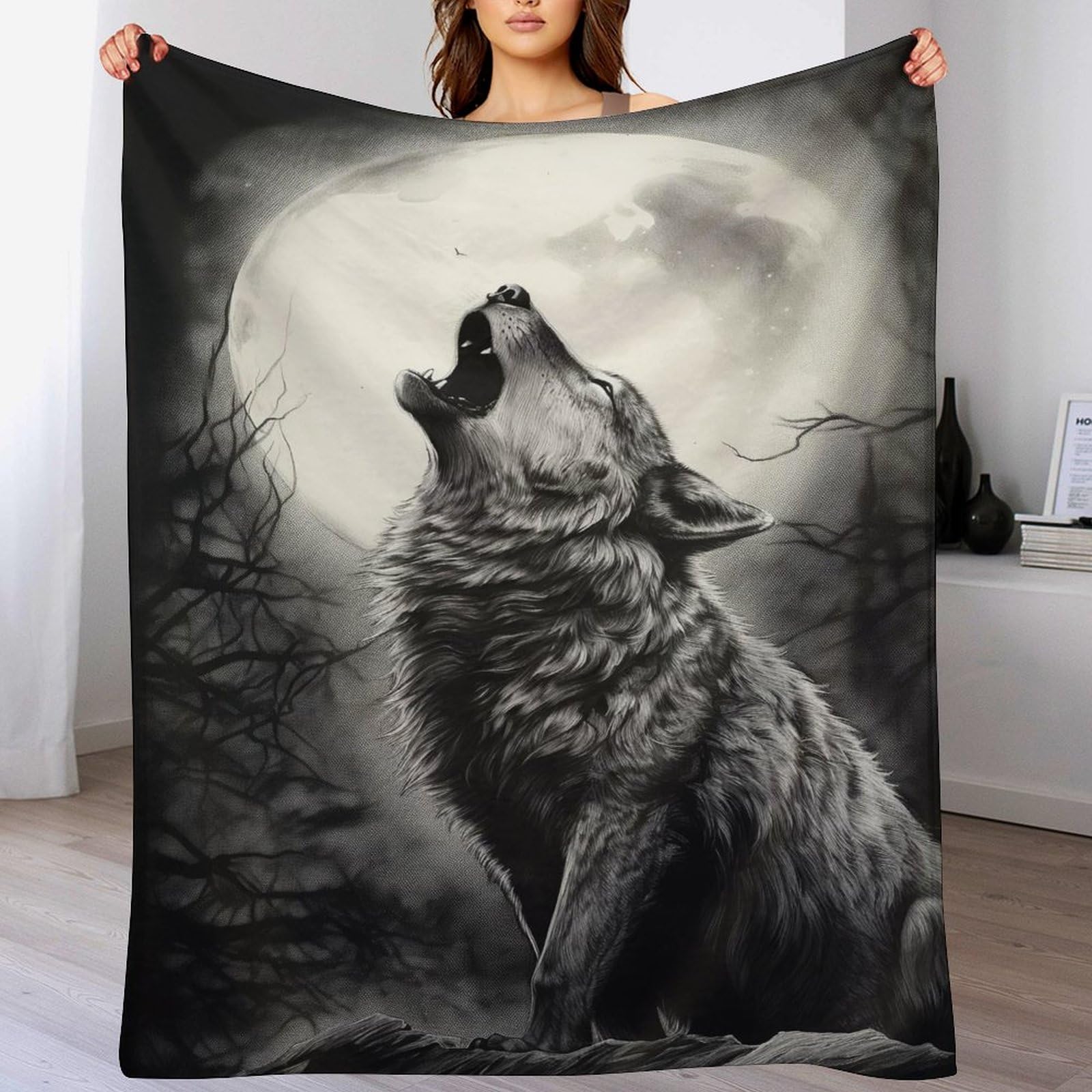 Couverture canapé loup en flannel douce et chaude de 150x200cm pour salon