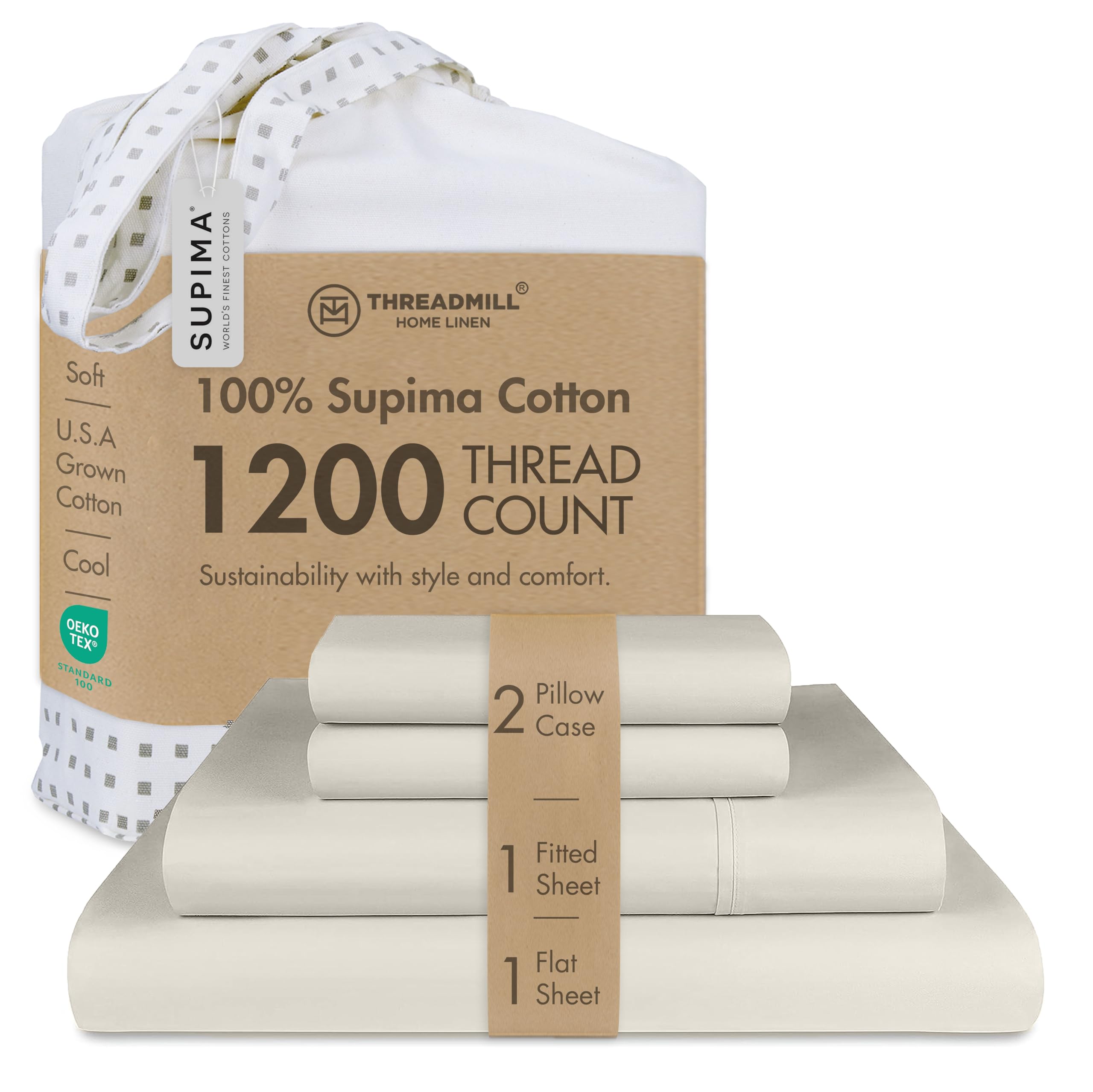 Threadmill Supima Cotton Queen Sheet Set, 1200 Thread Count Queen Sheets for Queen Mattresses, 4 Piece American Luxury Bed Sheets, Sateen Hotel