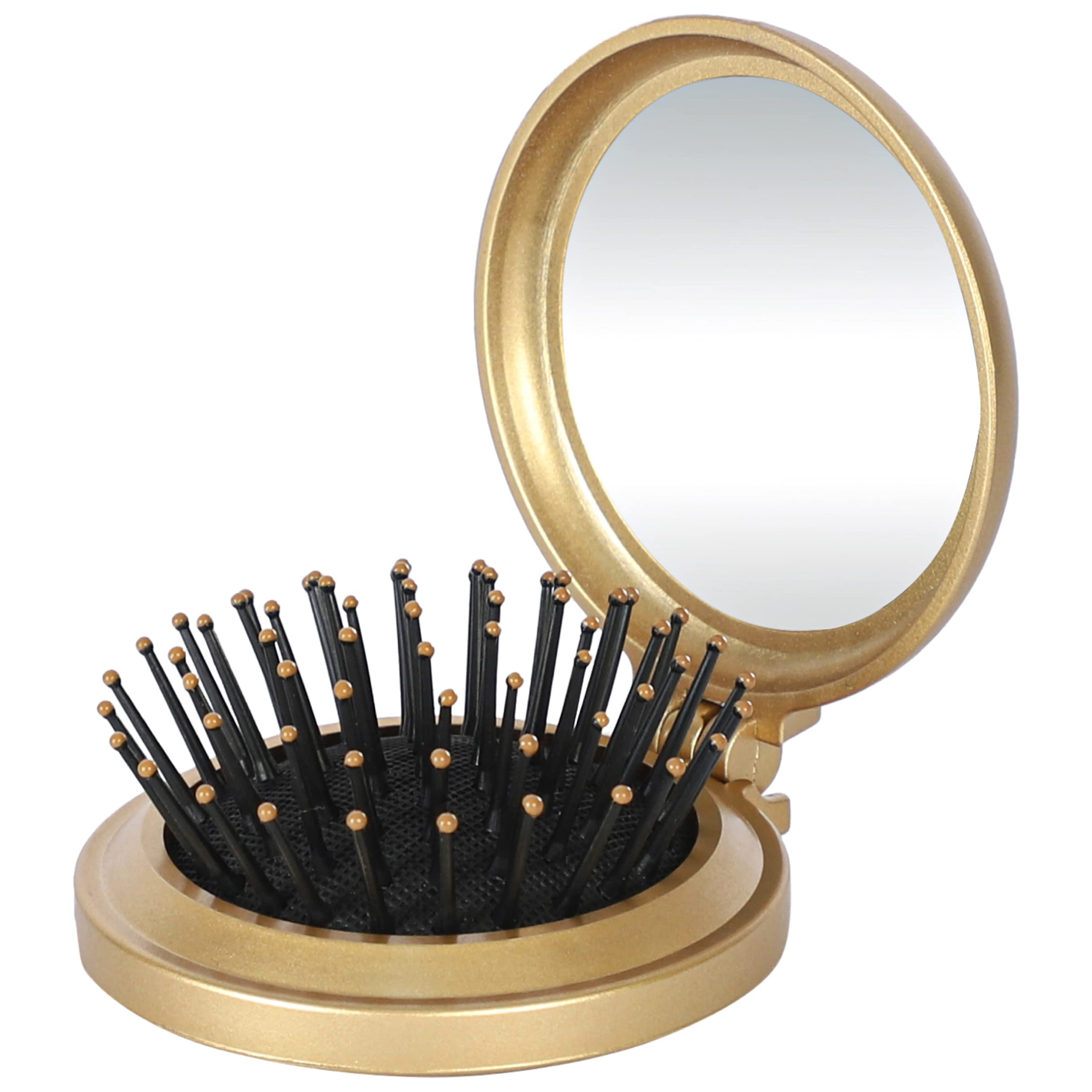 Ross Compact Pop-up Hair Brush with Foldable Mirror (Gold)