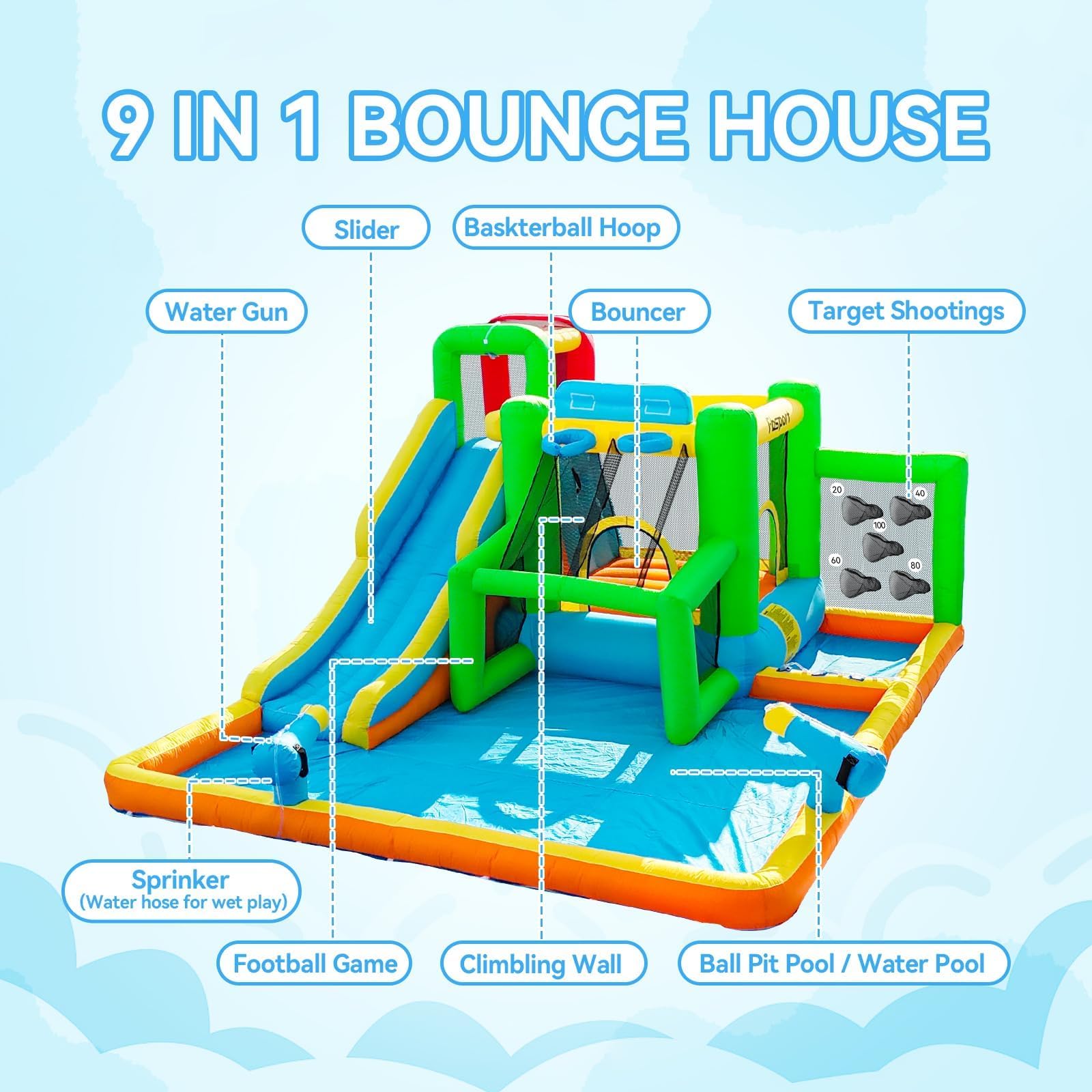 Castillo Hinchable con Soplador, para 4 Niños/140KG, 425 x 355 x 215 cm