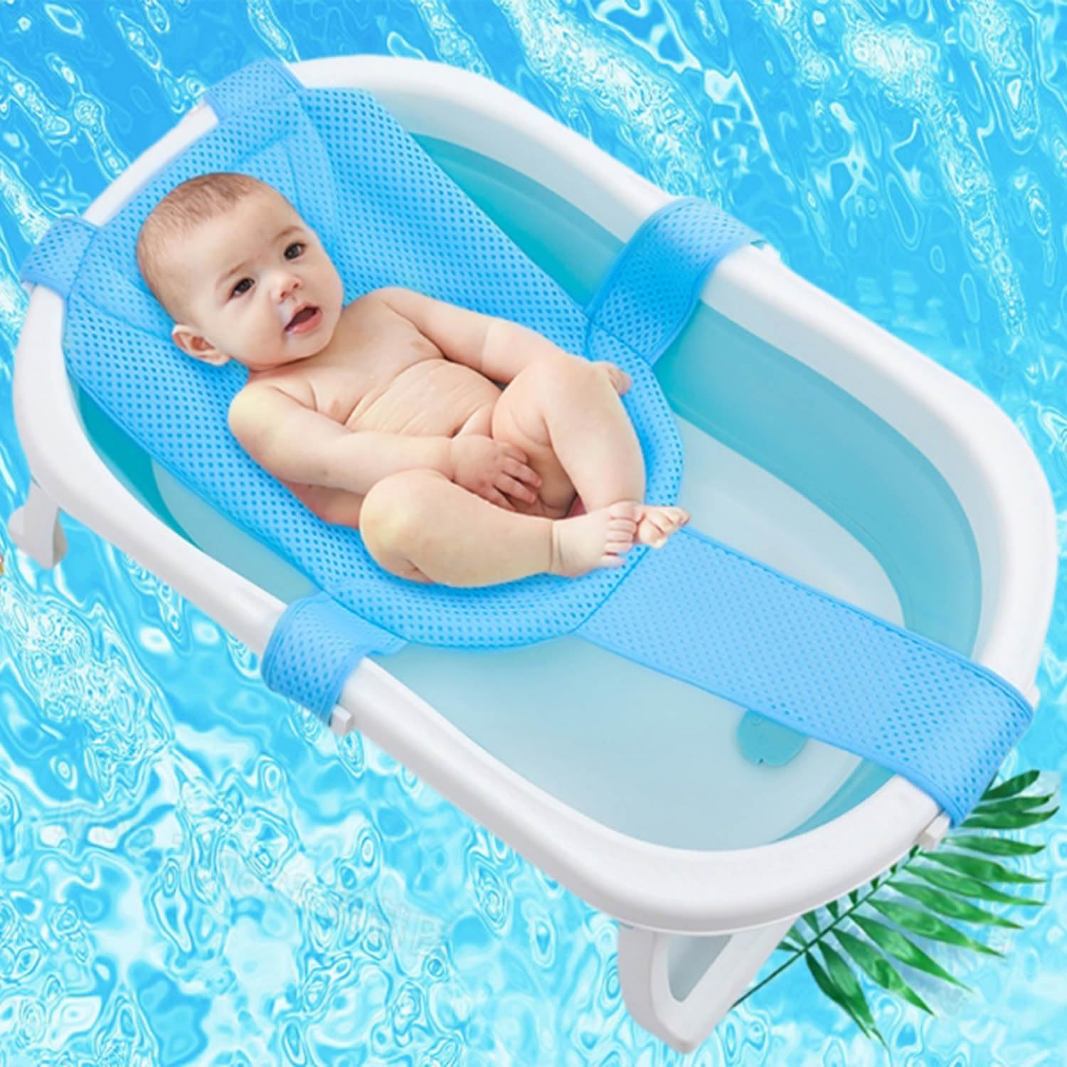 Tapis de Bain Bébé Filet de Bain antidérapant avec Ceinture de sécurité Maille réglable Bleu
