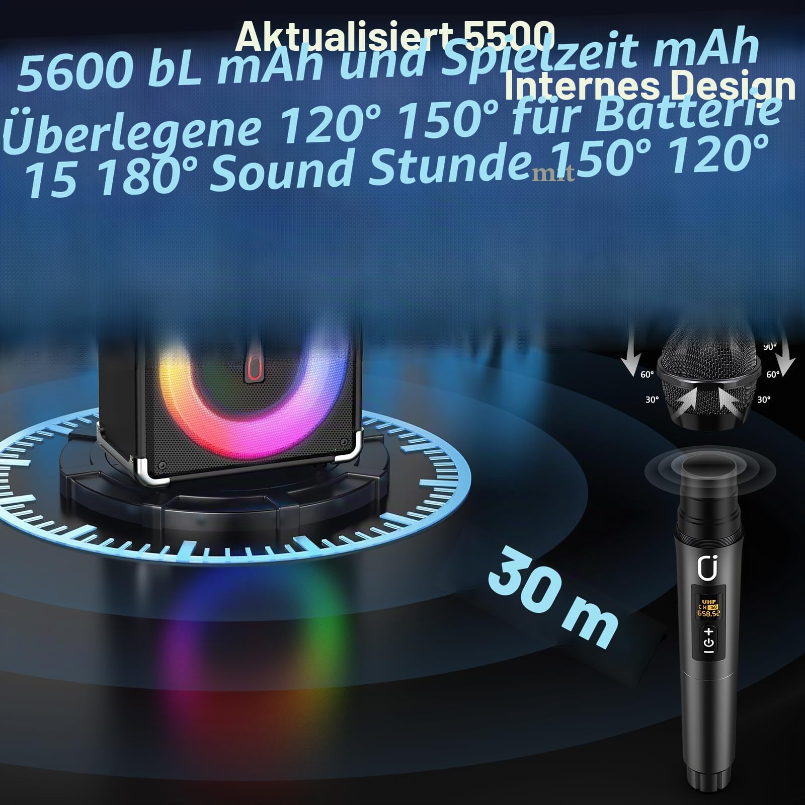 JYX Karaoke-Maschine mit 2 UHF-Funkmikrofonen, Tragbarer Bluetooth-Lautsprecher mit Bass-/Höhen-Einstellung, Fernbedienung und LED-Lichtern, unterstützt TF-Karte/USB, AUX IN, FM, REC für Party-Schwarz