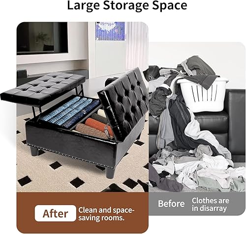 Miniatura 39 de Banco otomano de almacenamiento con brazos, banco de lino para dormitorio, banco de almacenamiento con botones para entrada, sala de estar, pasillo,