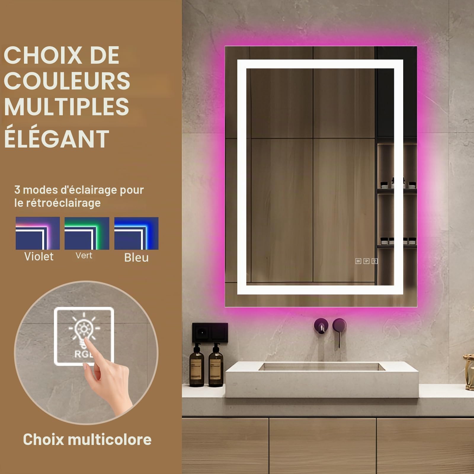 Miroir de Salle de Bain LED 70 x 50 cm avec éclairage et Fonction Anti-buée, rétroéclairage RVB, éclairage Avant 6500 K, Miroir Intelligent avec Fonction de Changement de Couleur