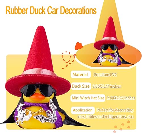 Miniatura 2 de Adornos de pato de goma para automóvil, decoraciones de tablero de automóvil con mini sombrero de bruja, gafas de sol, collar, accesorios de