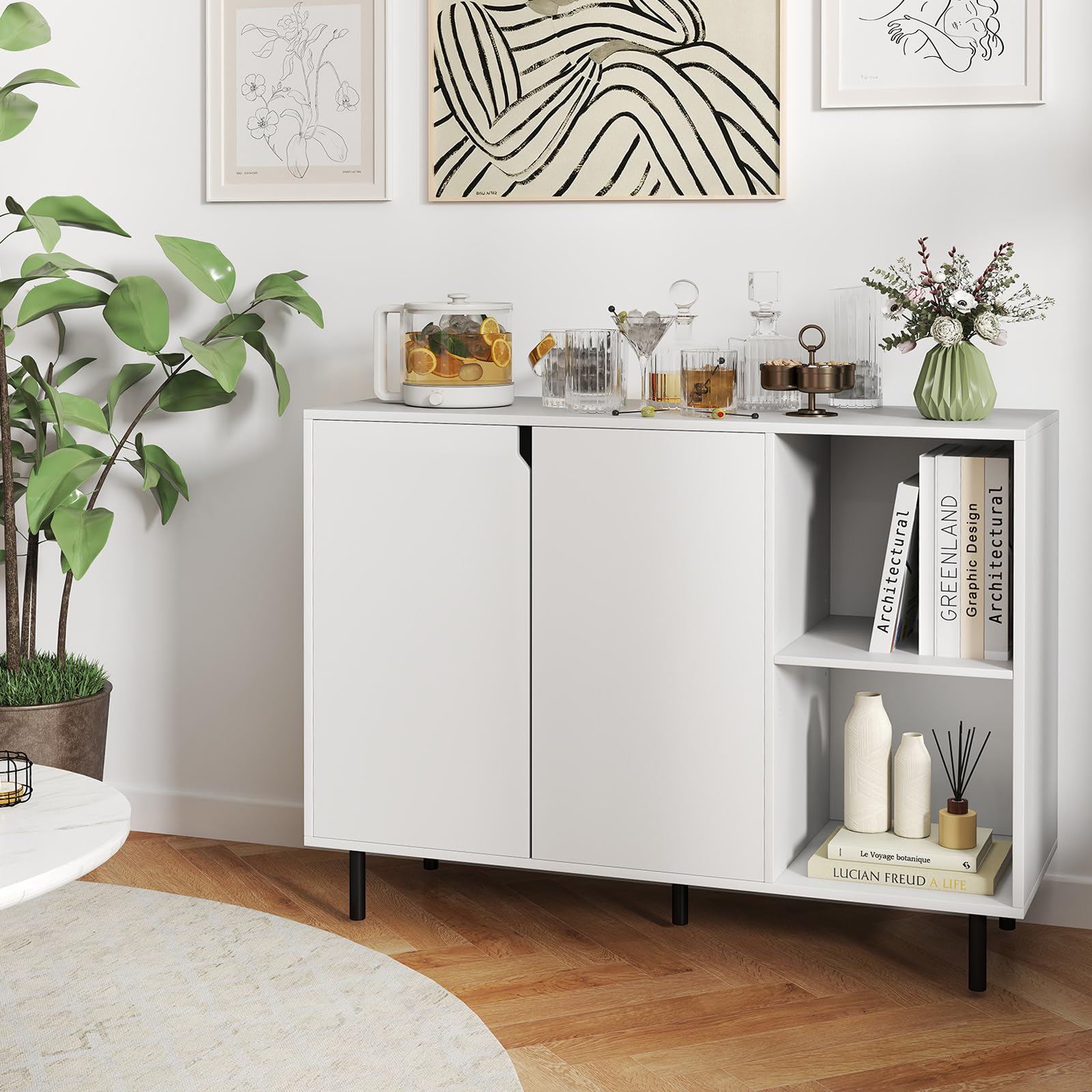 COSTWAY Drewniana komoda z 4 półkami i 2 drzwiami, szafka bufetowa, szafka kuchenna, regulowane półki, nowoczesna szafka, 106 x 38 x 80 cm (biała)