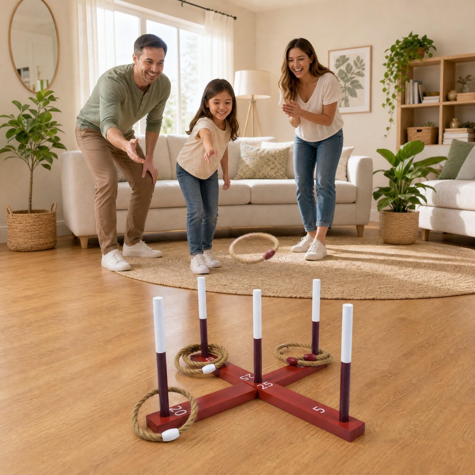 GOPLUS Juego de Lanzamiento de Anillas Portátil para Niños 3+ Años, Adultos | Juegos Exterior Niños de Madera con Base Cruzada, 5 Palitos y 6 Aros de Cuerda, Juguete para Lanzar, Jardín, Camping, Fiesta
