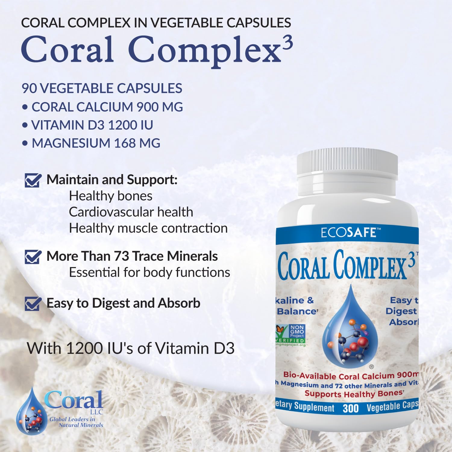 Coral Complex 3 Calcium Supplement Vitamin D3 & Magnesium – 900 mg Bioavailable Coral Calcium for Bone Strength, Joint Support & pH Balance – Trace Minerals, Non-GMO, 300 Veg Capsules — Amazon image 2