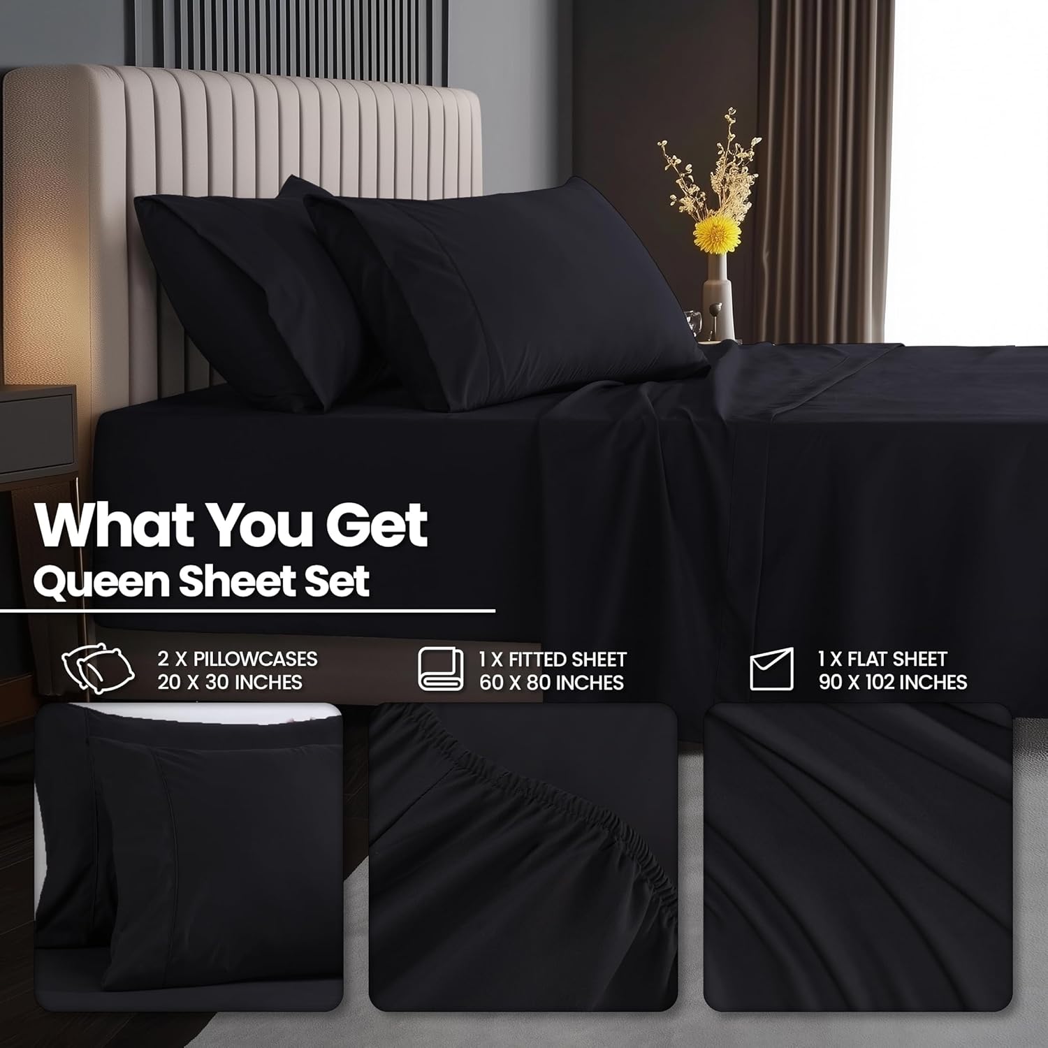 Utopia Bedding Queen Size Extra Deep Pocket Sheet Set – Fits Mattresses Up to 21 inches – Cooling, Soft & Breathable – Oeko-Tex 4 Piece Bed Sheets (Black)