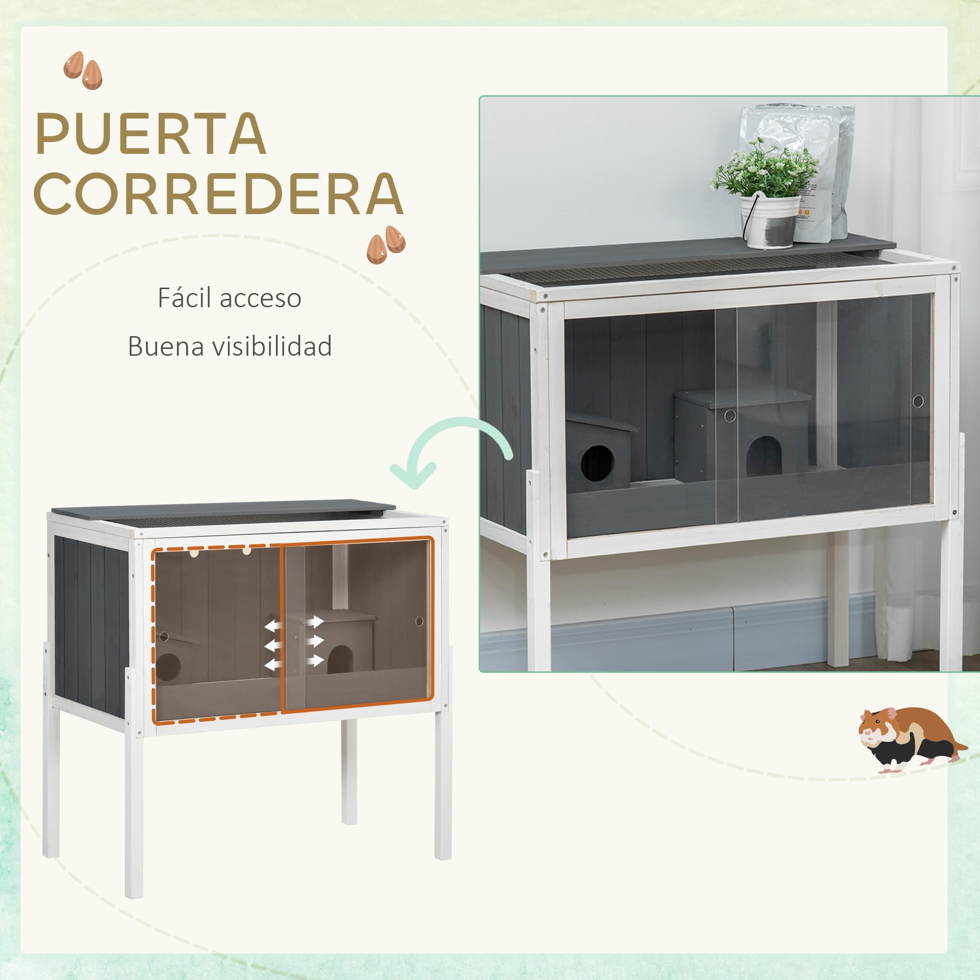 PawHut Jaula para Hámster de Madera 82x45x81 cm Casa para Roedores con Estante Desmontable 2 Puertas de Acrílico 2 Casitas para Animales Pequeños Gris Oscuro