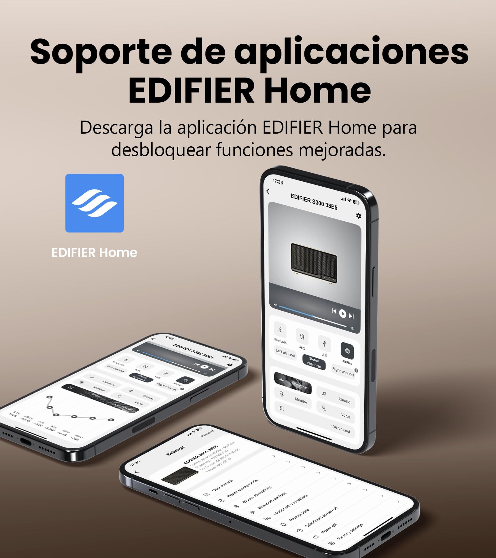 Edifier S300 Altavoces de Escritorio Retro, Audio Hi-Res Cableado e Inalámbrico, 80W (RMS) de Potencia, Bluetooth 5.4 Multipunto, WiFi Multihabitación (AirPlay 2), Entrada AUX y USB-C,marrón