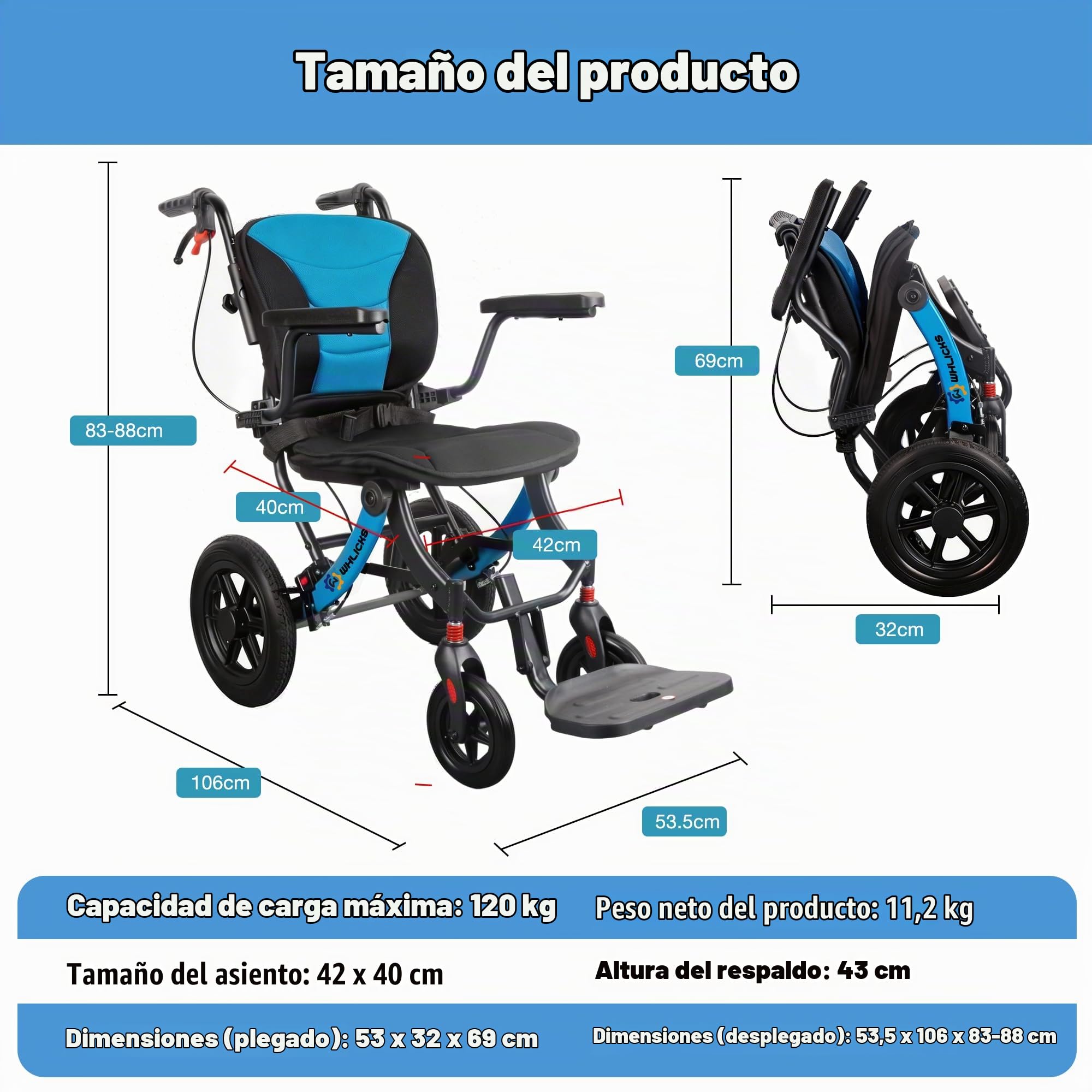 Silla De Transporte Plegable Ligera WHLICKS Para Adultos Y Ancianos, Silla De Viaje Portátil Con Cojín Extraíble Y Ruedas De 12 Pulgadas, Silla De Ruedas Ergonómica Con Altura Ajustable
