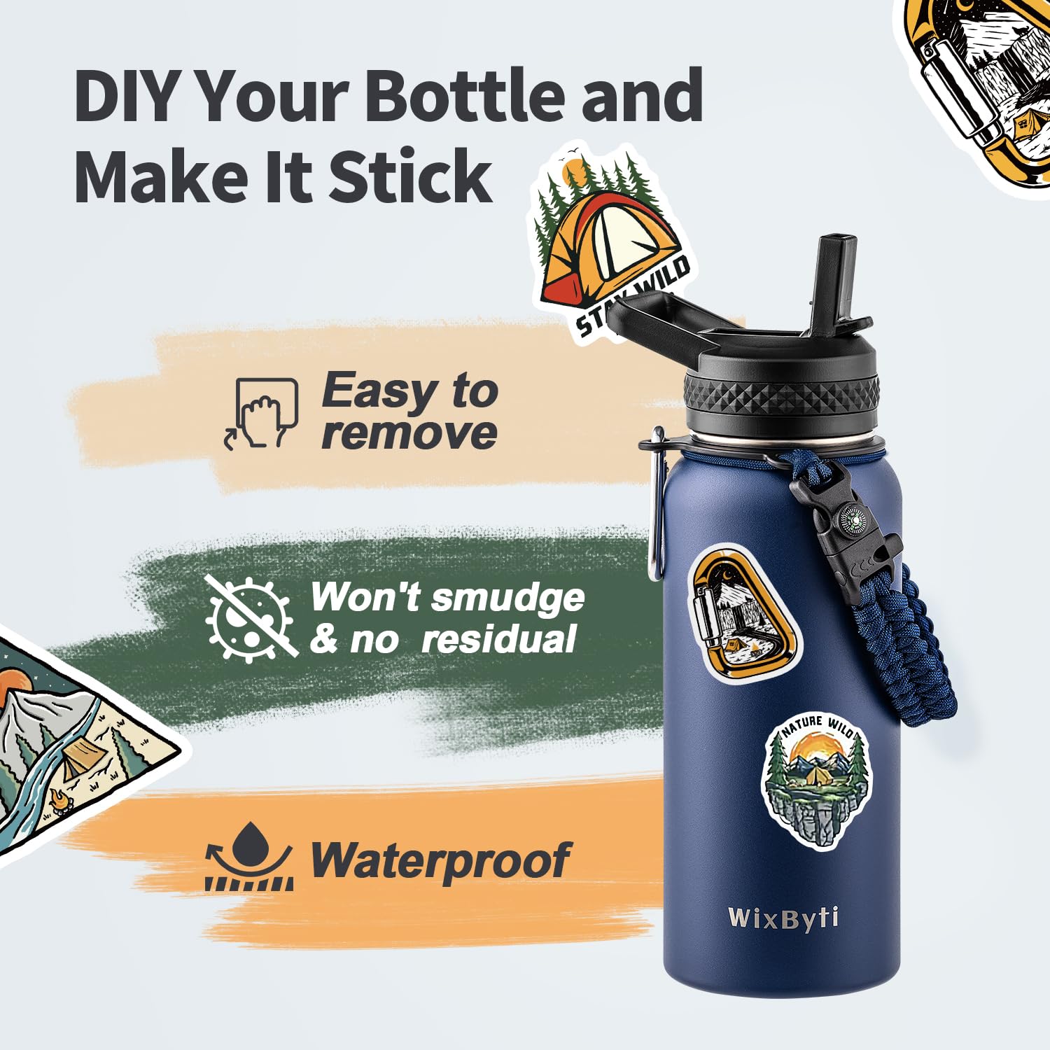 WixByti Isolierte Wasserflasche mit Strohhalm, auslaufsicher, kalt für 24 Stunden | Edelstahl-Isolierflasche, dreiwandig, mit Paracord-Griff, Trinkhalm-Deckel und DIY-Aufklebern