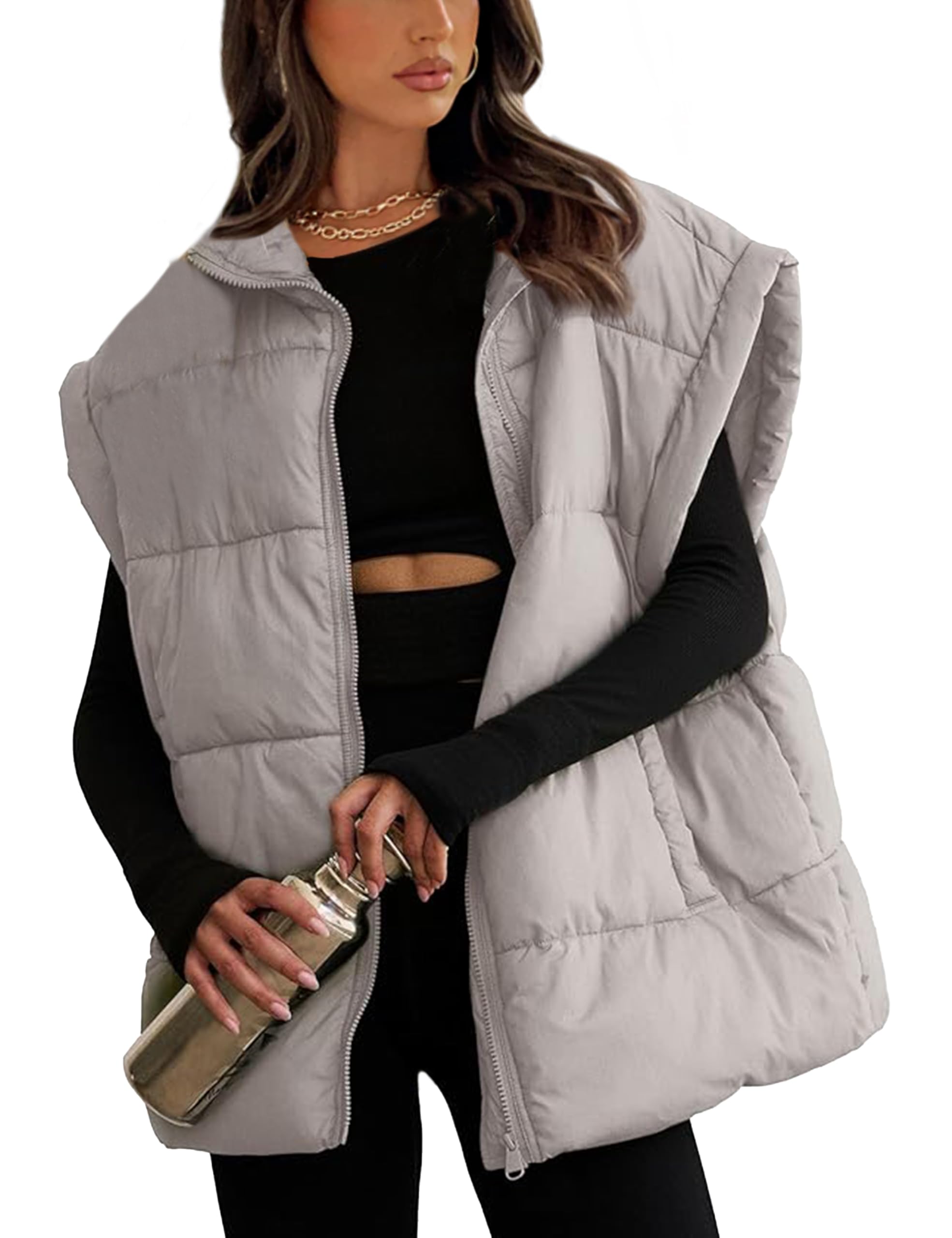 Women's Oversized Puffer Vest Lightweight Warm Cap Sleeve Puffy Bubble Outerwear Vests with Pockets-image-30