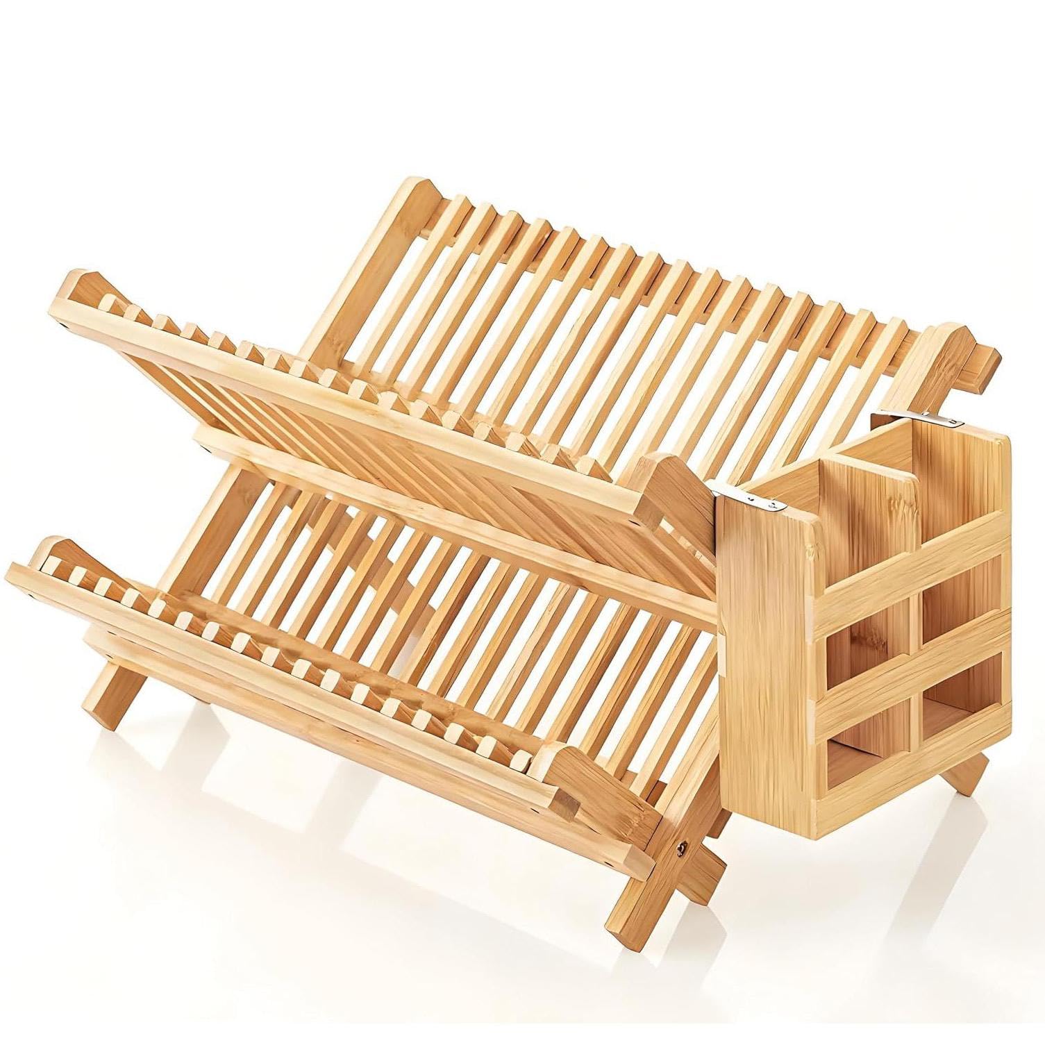 Dish Drying Rack Collapsible 2-Tier Bamboo Dish Rack for Kitchen Counter Wooden Dish Drainer with Foldable Space-Saving Design for Dishes, Plates, and Cups 18 Grid Bowl Rack+chopstick Basket Set,A
