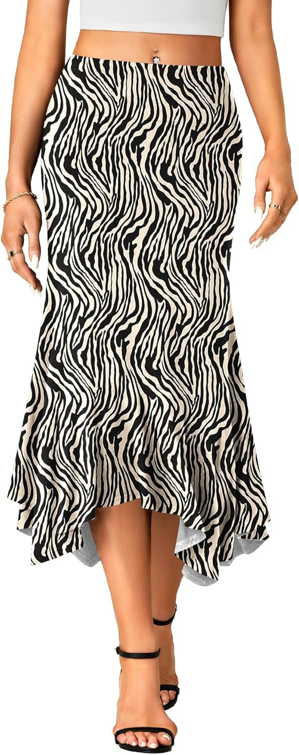 OPOIPIN Women's Stretchy High Waist Ruffle Asymmetrical Hem Flowy Midi Skirt