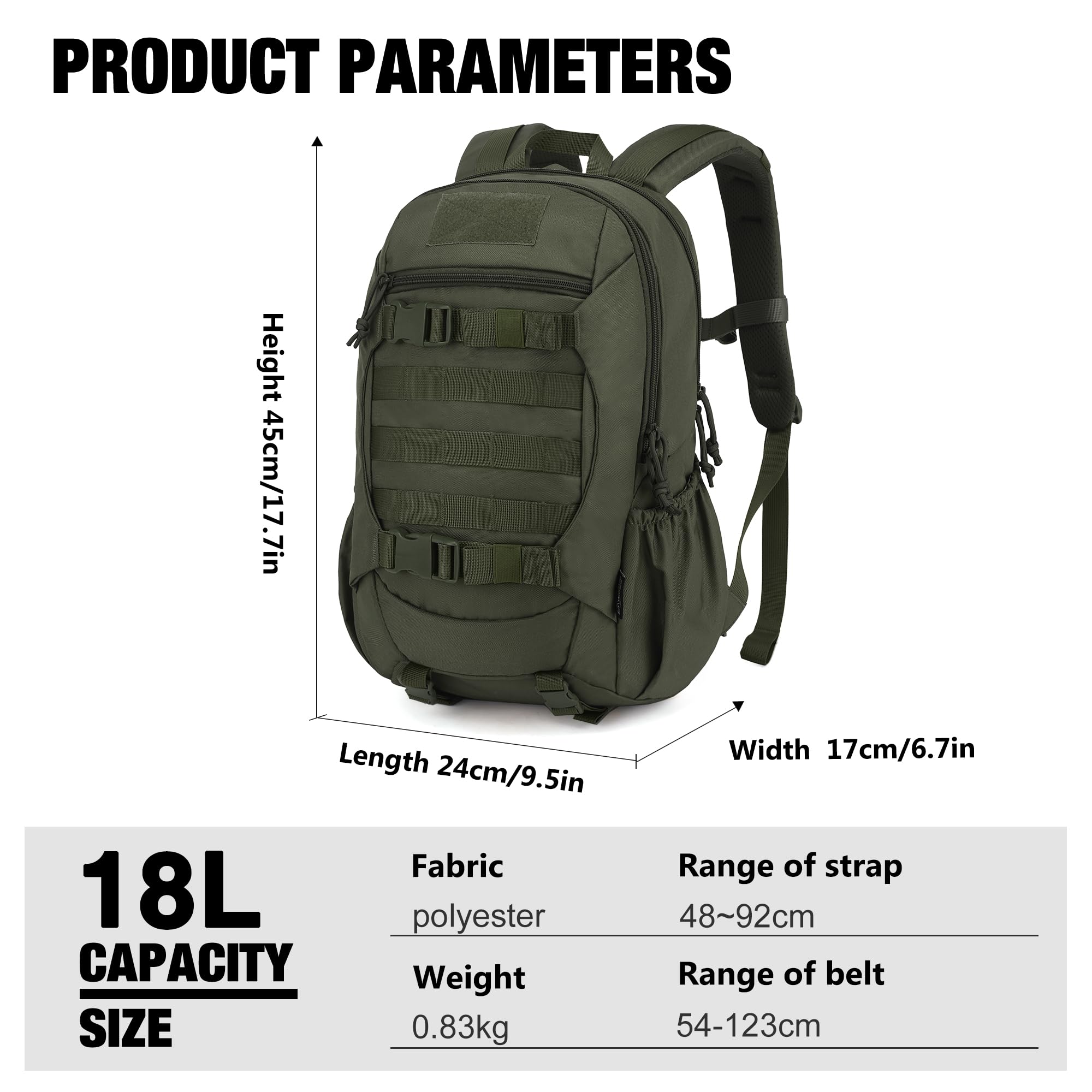 Mardingtop Plecak taktyczny 18 l/28 l, plecak trekkingowy, plecak outdoorowy, na kemping, wędrówki, podróże, 18 l zieleń wojskowa, 18L