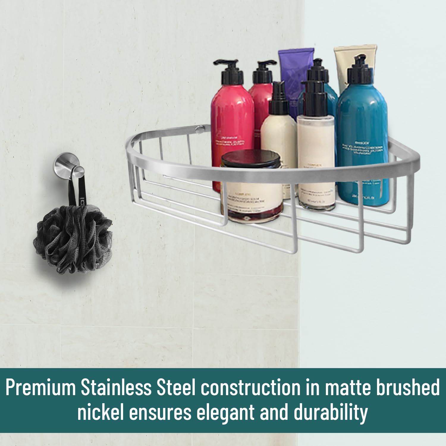 Organizador de ducha de acero inoxidable para montaje en pared, gancho individual y toallita de baño, impermeable, duradero, para baño, ahorra espacio, organizador y almacenamiento para champús,