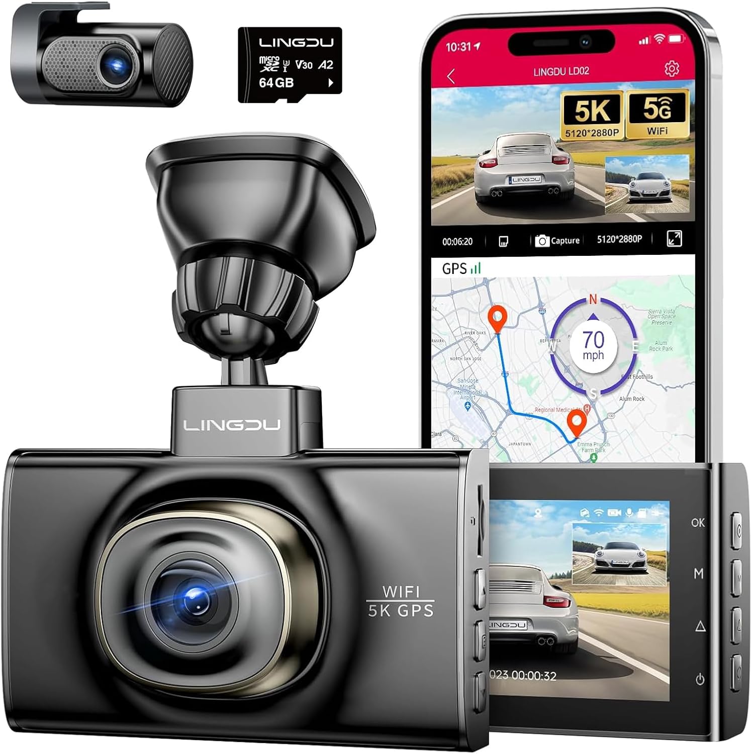 LD02 5K On Dash Cam 5G WiFi with Free 64GB Card, 4K+2K Front and Rear Dual Dashcam 170° WDR IR Night Vision, 24H Parking Mode G-Sensor 3" Build-in GPS, Max Up Support to 128GB, Easy to Install (Black)