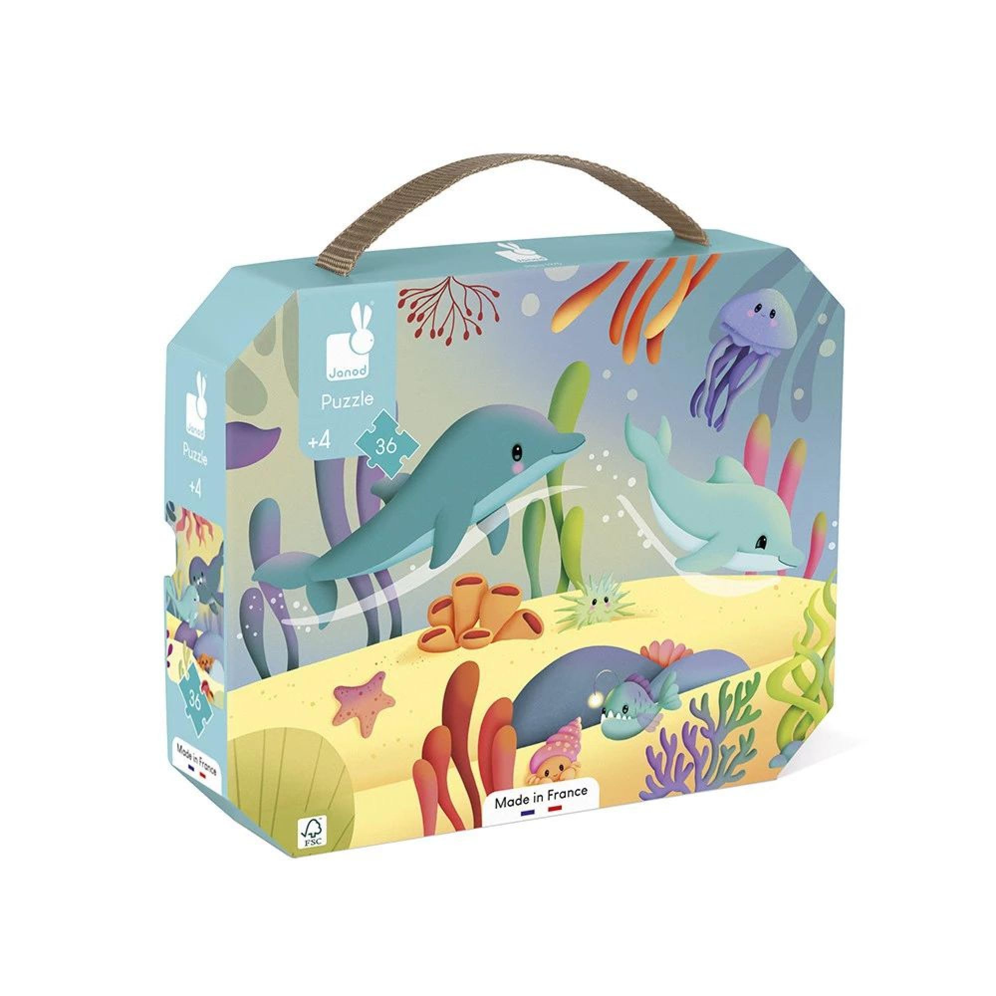 Janod Puzzle 36 pezzi, Tema animali marini, Puzzle panoramico per bambini, Sviluppa pazienza e concentrazione, Made in France, Puzzle per bambini da 4 anni, J02554
