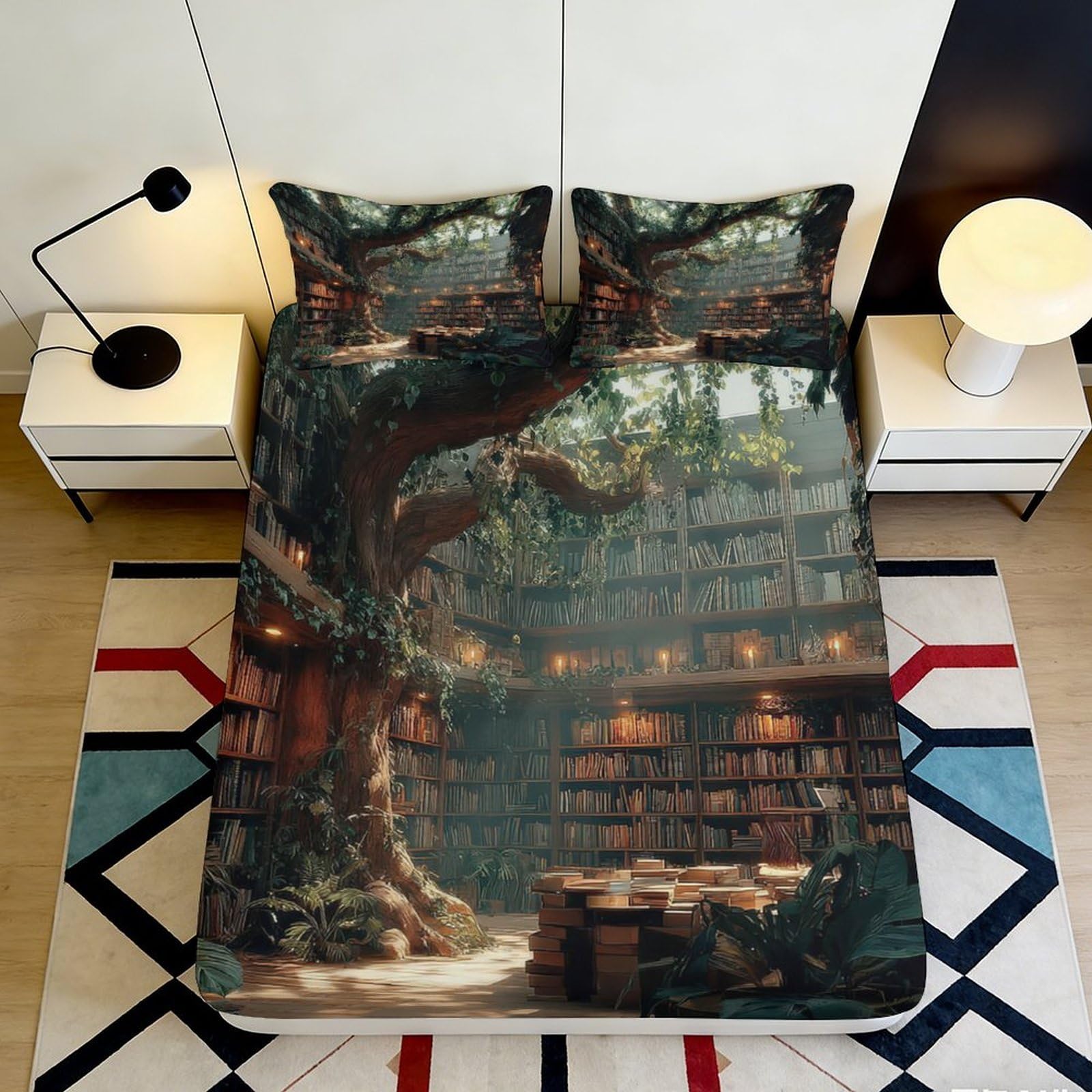 3D Printed Enchanted Library Fitted Sheet Microfiber Soft Forest Tree Bed Cover for Bedroom Dorm Mattress Decor 90x200x25cm