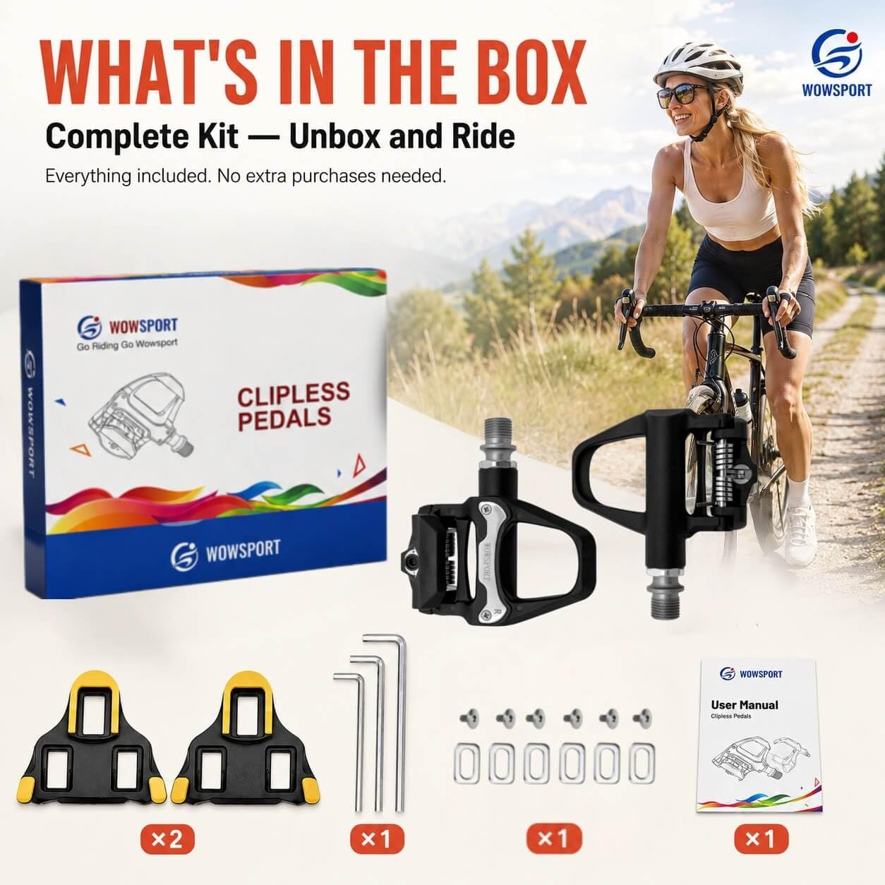 WOWSPORT Pedales de bicicleta de carretera sin clip W500-9/16 pulgadas, diseño ultraligero sin clip con tacos de 3 pernos, compuesto de nailon y rodamientos sellados