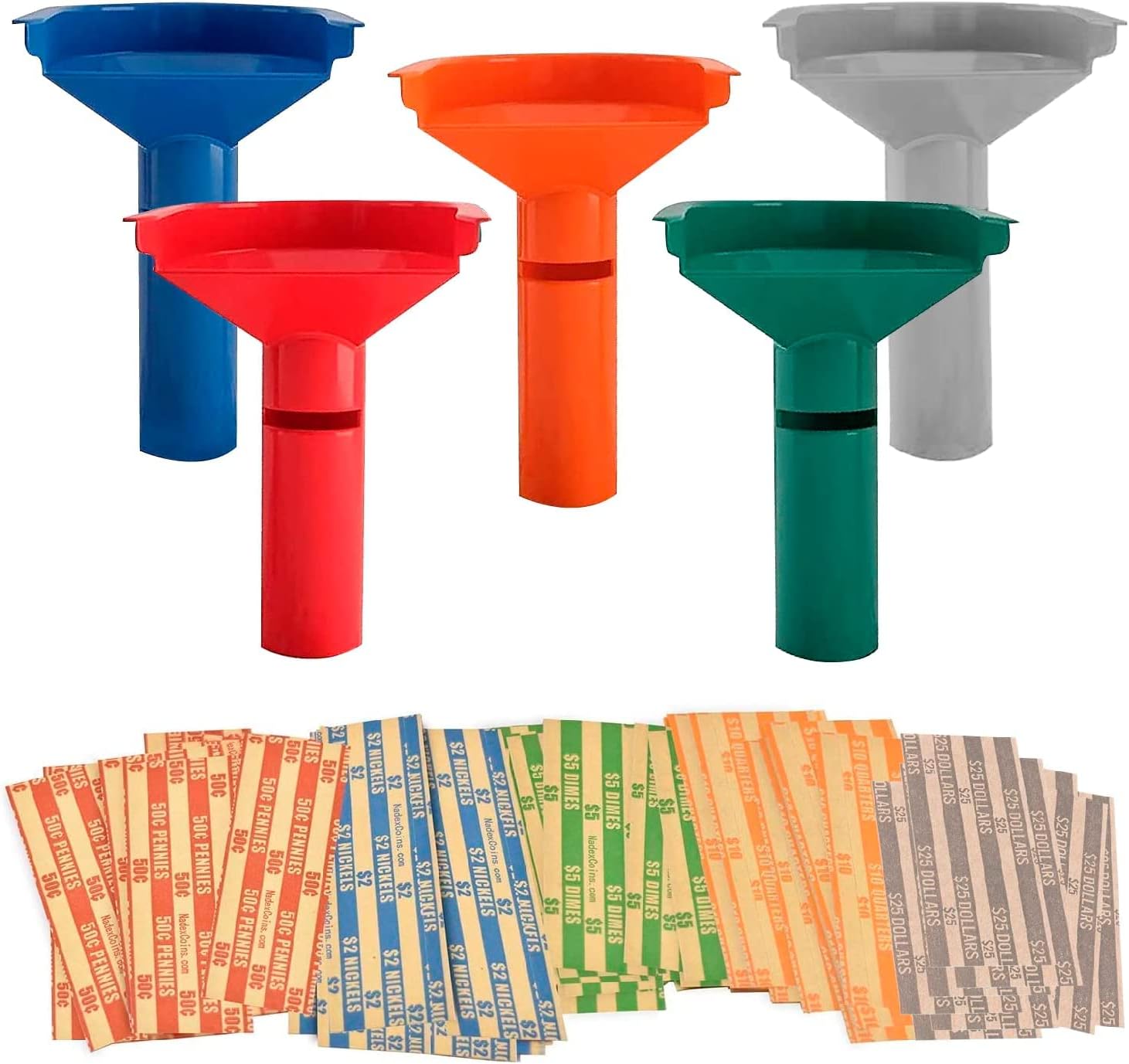 Nadex Easy Wrap 5 Coin Tube Set with 110 Wrappers Included - Funnel Shaped Color Coded Coin Counting Tubes for Dollar Coins, Pennies, Nickles, Dimes, and Quarters