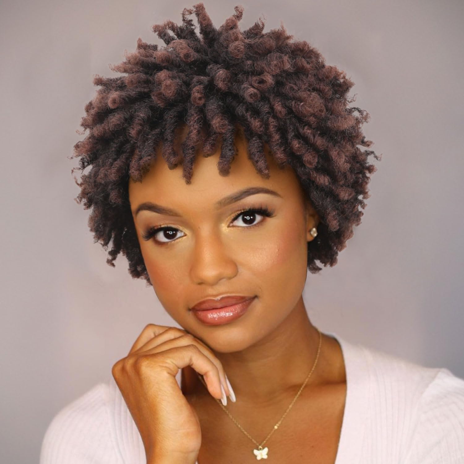 Fancy Hair Short Dreadlock Wigs Ombre Brown Faux Locs Wig Afro Curly Twist Wig Pixie Cut kinky Curly Synthetic Dreadlock Wigs for Black Women (1B30#)