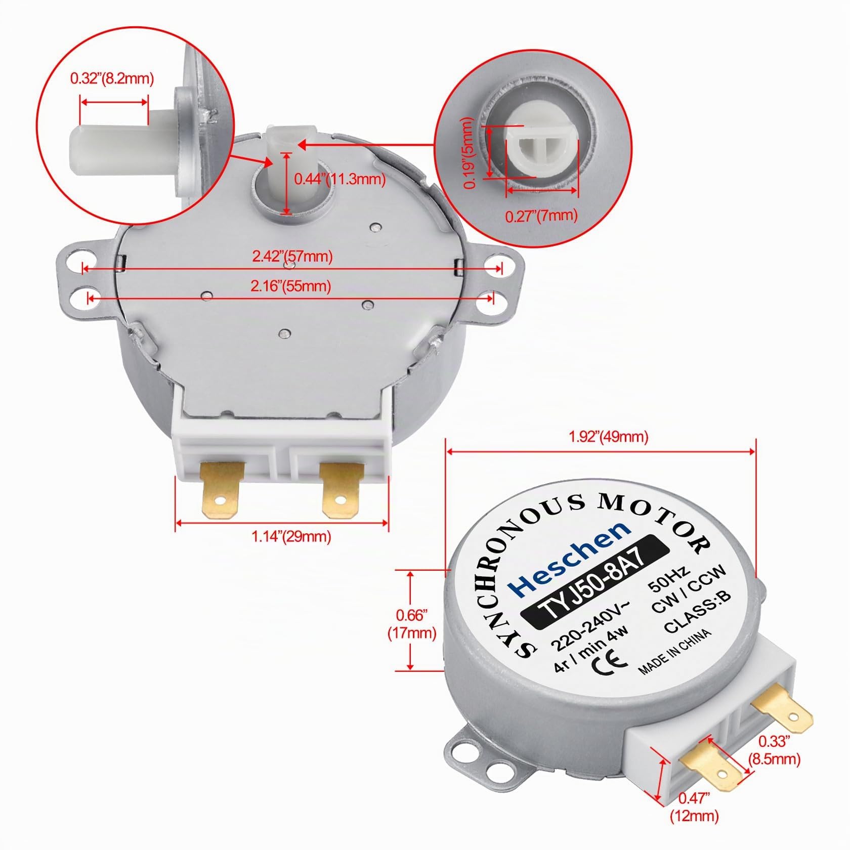 Heschen Moteur synchrone TYJ50-8A7 220-240VAC 4R/Min CW/CCW 50Hz pour table de tour de four à micro-ondes