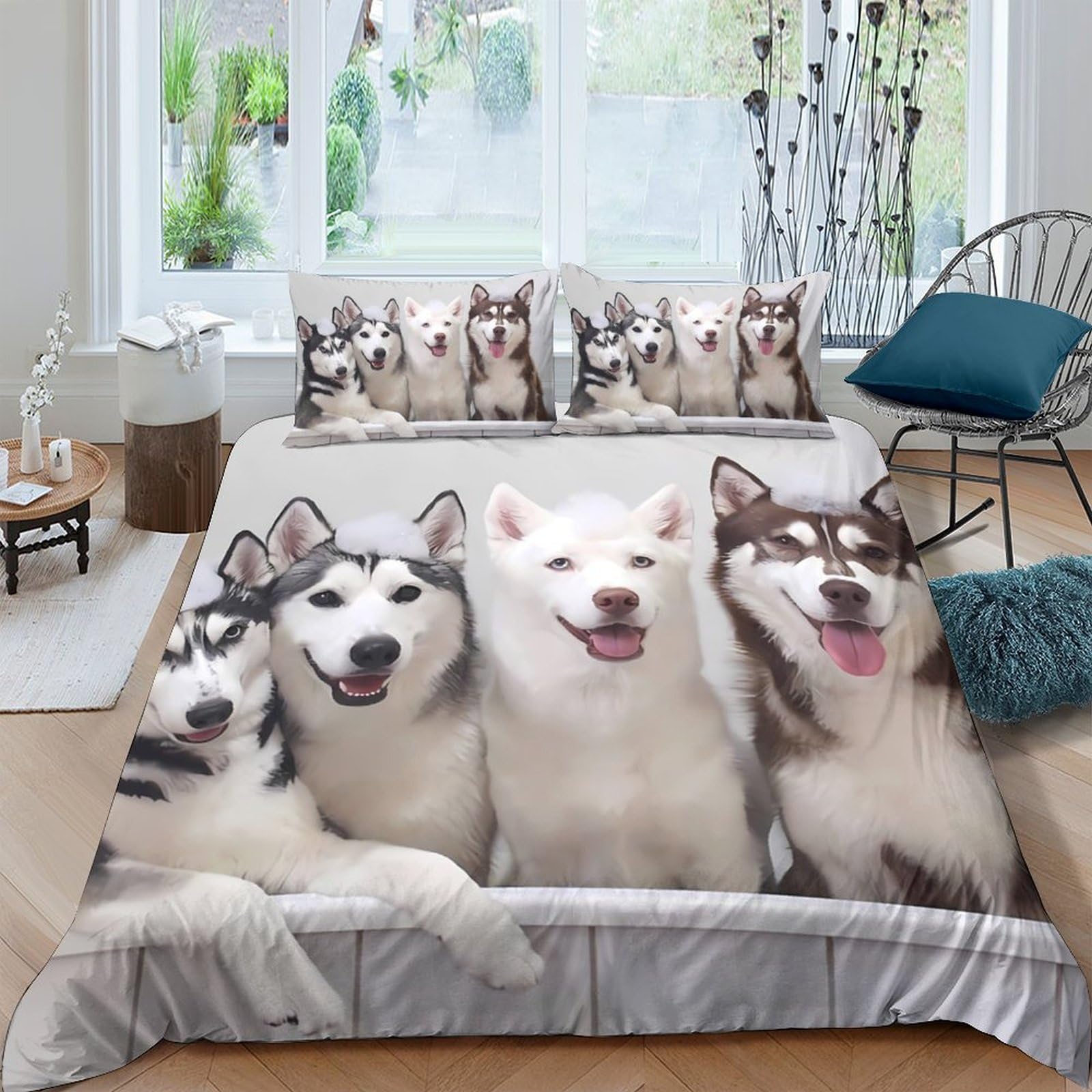 Ctjqhvkz Style-4 3D Printed Husky Dog Fitted Sheet Microfiber Soft Breathable Samoyed Bed Cover For Bedroom Dorm Mattress Protection Decor Single（135X200cm）