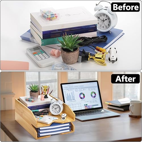 Miniatura 5 de Bandeja de papel de 2 niveles, bandeja de letras de bambú de 14 x 11 pulgadas, soporte para archivos de escritorio de oficina, organizador de