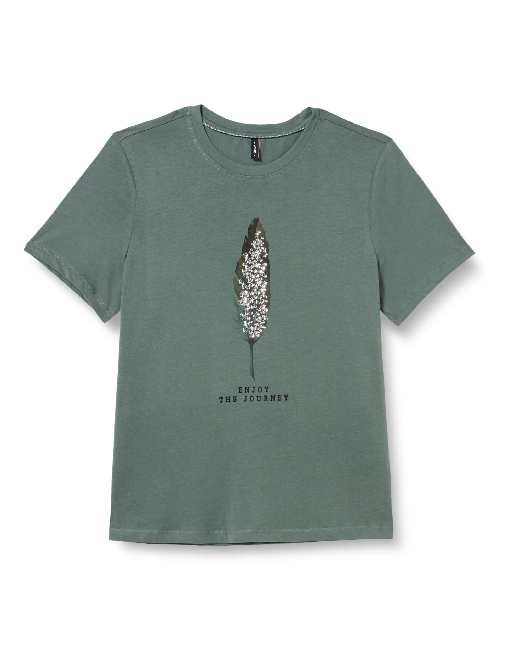 ONLY Women's Onlkita Life Reg S/S Plume Top Box JRS T-Shirt, Balm Green/Print: Enjoy, XS