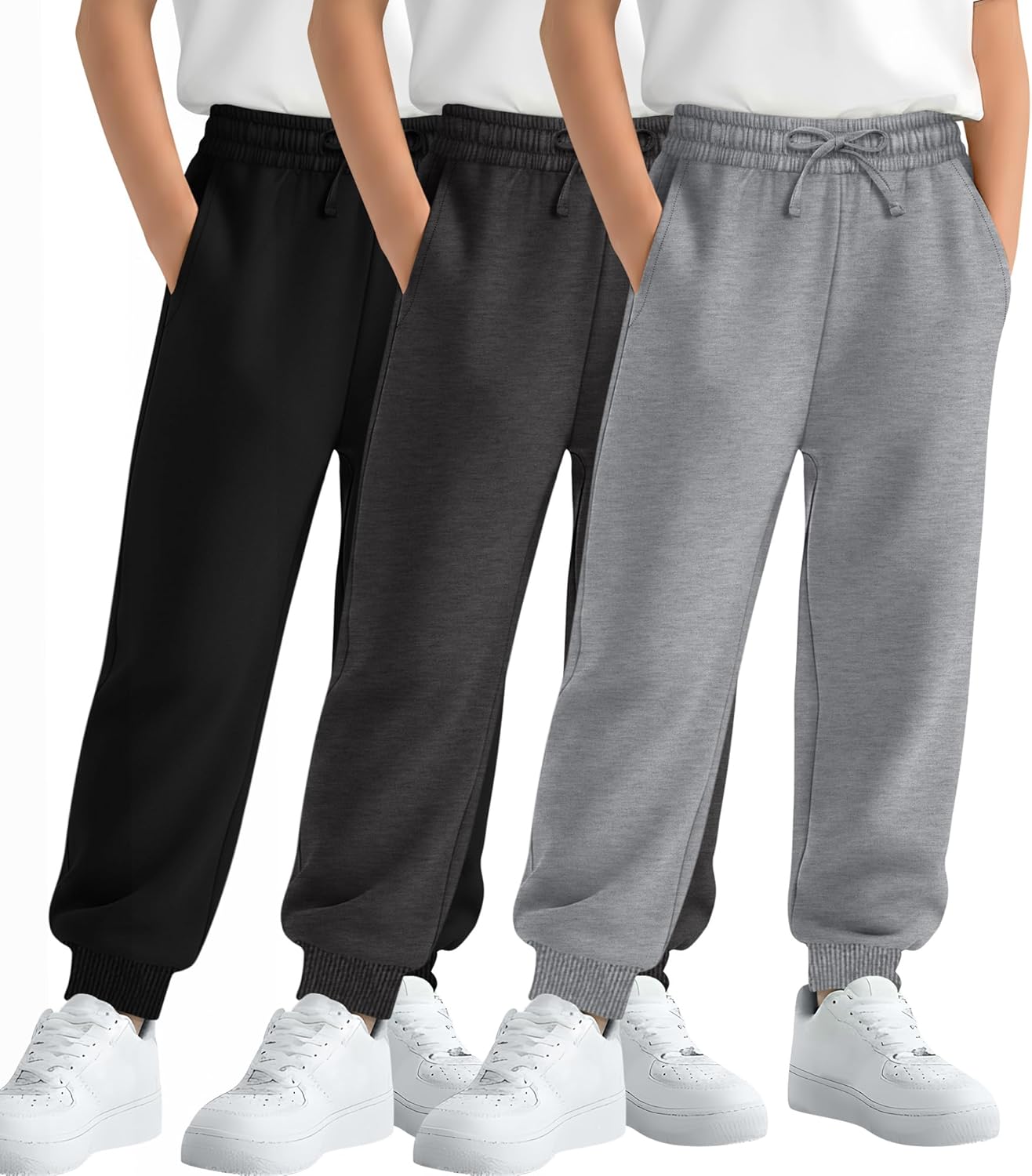 LessonZoo 3 Pack Boys' Sweatpants Kids Athletic Joggers with Pockets Baggy Drawstring Casual Elastic Waist Pants