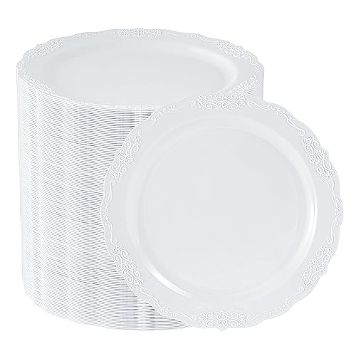 Conflech 100 Pieces White Plastic Plates-7.5inch Dessert Disposable Plates - Premium Heavy Duty Hard Disposable for Dinner- Party Supplies for Birthdays, Celebrations, Wedding