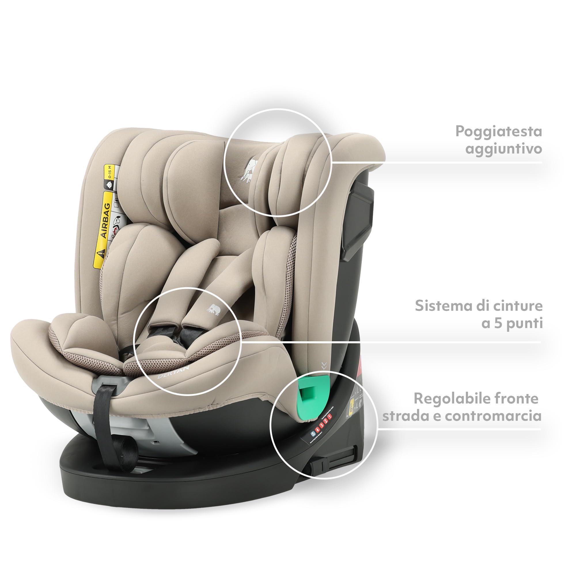 Deryan Colin I-Size 360 Girevole Seggiolino Auto con ISOFIX, 40-150cm (Gruppo 0 + 1/2/3, 0-36 kg), ca. 0-12 anni, 0-36 Kg, omologato ECE R129/03 (Torrone)