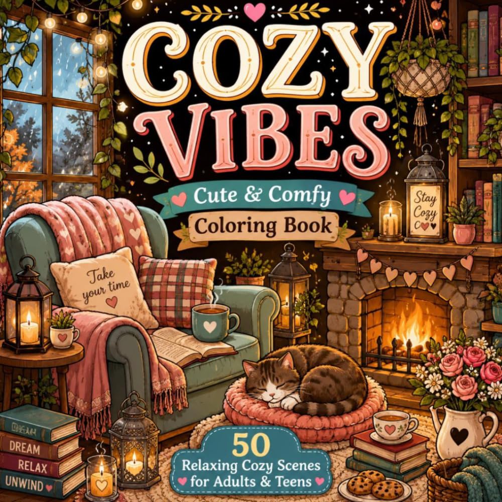 Cozy Vibes: Cute & Comfy Coloring Book: 50 Relaxing Cozy Scenes for Adults, Teens, and Stress Relief