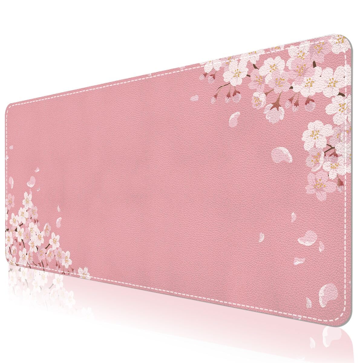 DINKY Large Leather Mouse Pad, Pink Cherry Blossoms Desk Mat for Desktop, Women Girls PVC Leather Waterproof Gaming Desk Protector Writing Pad for School Office Home 35.4" x 15.7"