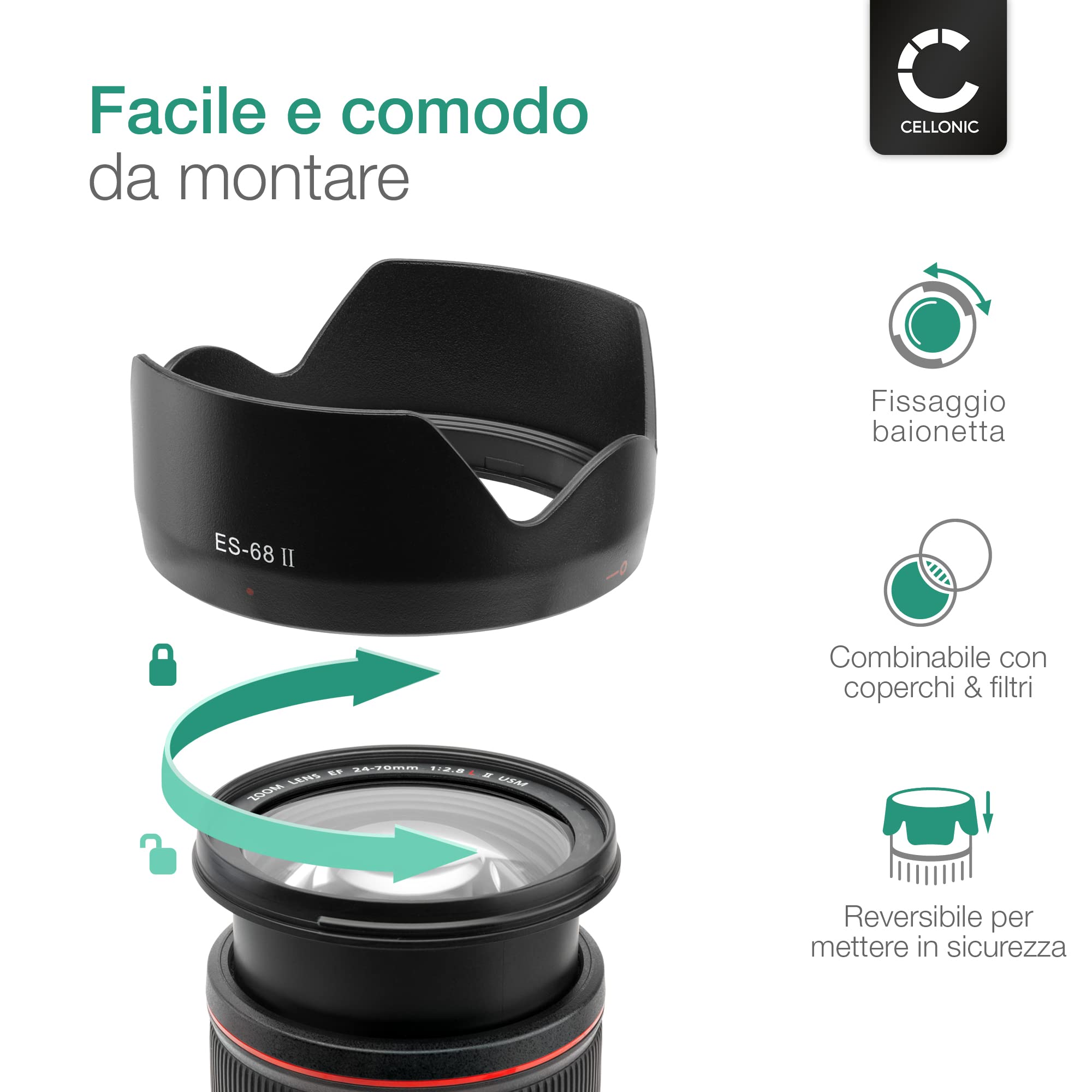 CELLONIC® Osłona przeciwsłoneczna kompatybilna z Canon EF 50 mm f/1.8 STM bagnet ES-68 II Lens Hood z materiału syntetycznego chroni obiektyw i soczewkę przed uderzeniami i zadrapaniami