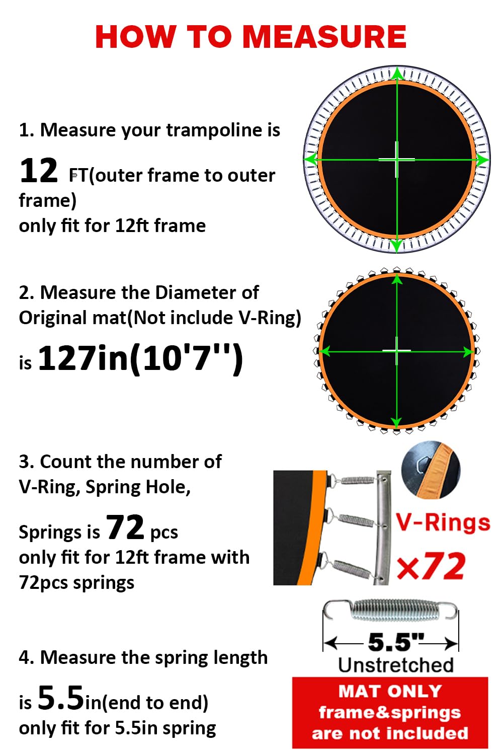 Trampoline Mat, Fits for 12ft Frame with 72 V-Rings Fits 5.5 inch Springs, Trampoline Mat Replacement(Mat Dia:127in), Reinforce, UV-Resistant, with Spring Hook and Gloves, Not Include Spring