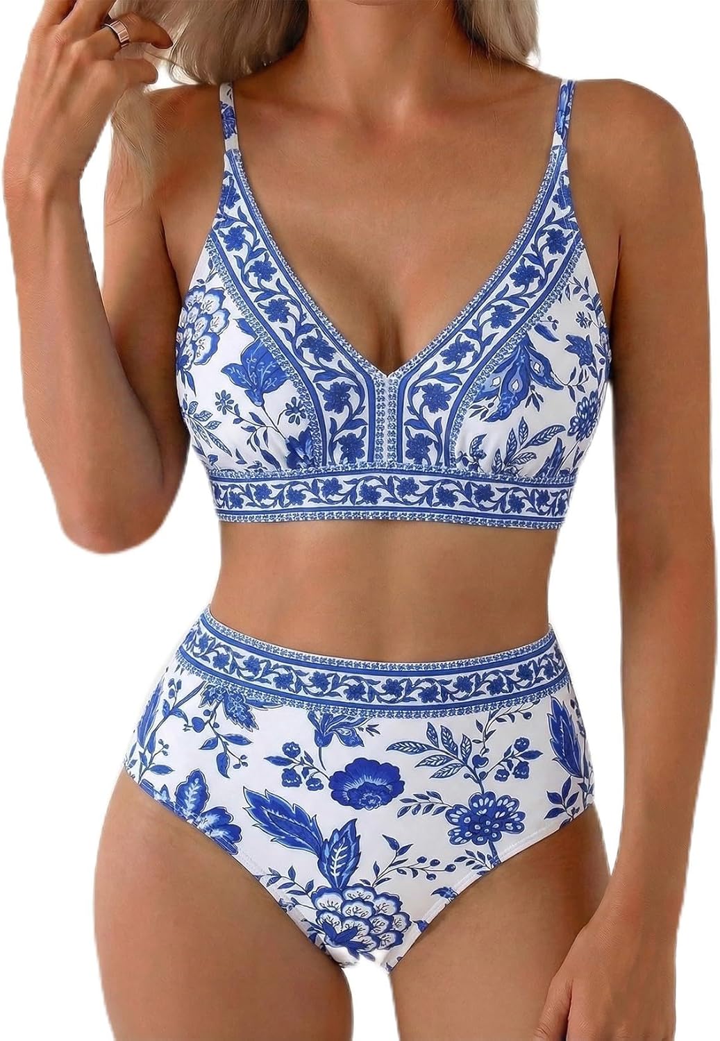 Herseas Women's Floral Print High Waisted Bikini Sets V Neck Swimsuits Bathing Suits 2026 Beach Swimwear