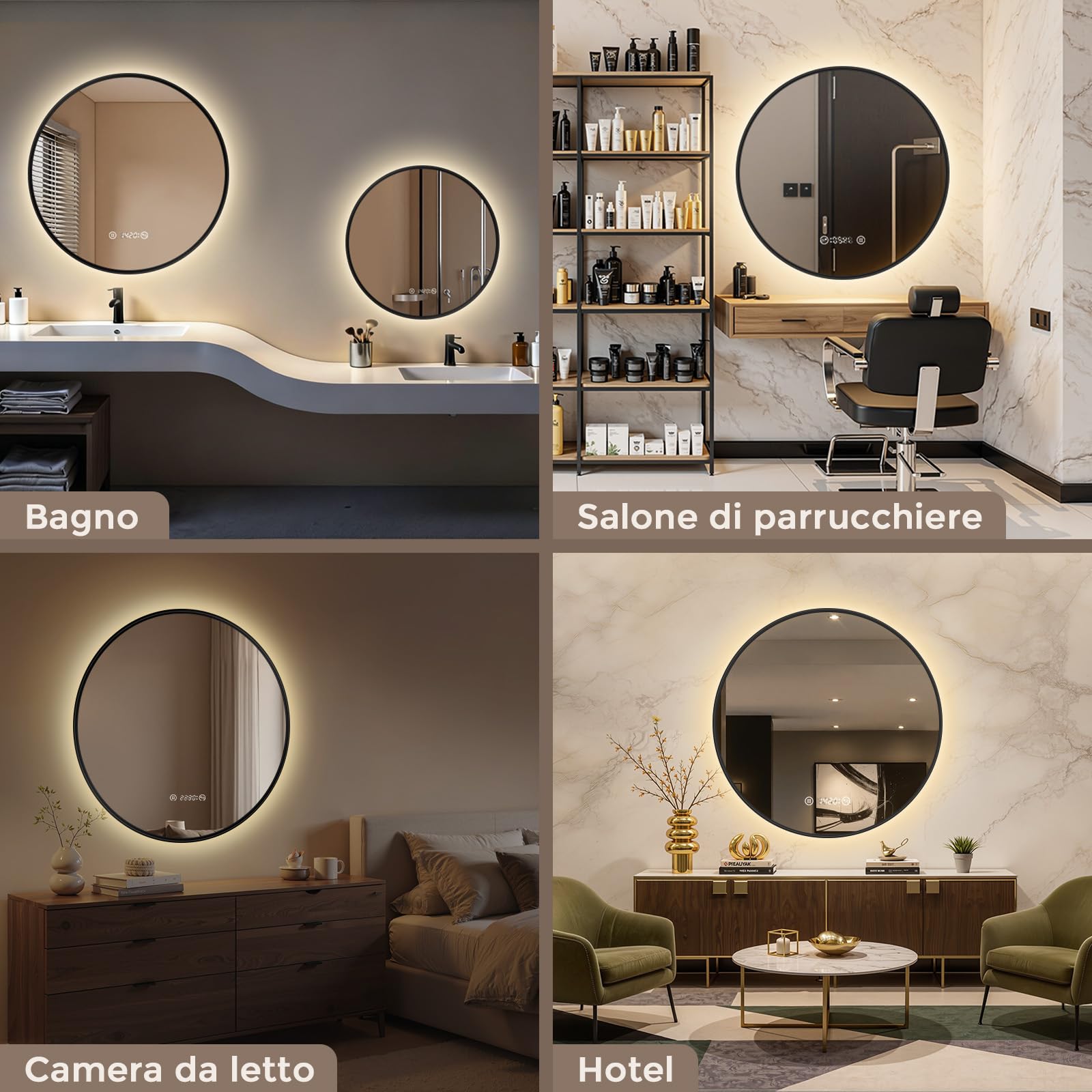 S'AFIELINA Specchio Bagno con Luce rotondo Ø 60 × 3 cm (P), Cornice Nera, Touch, Dimmerabile, Antifog, Orologio, Temperatura, Funzione Memoria, Specchio Bagno Retroilluminato, HD Vetro Temperato