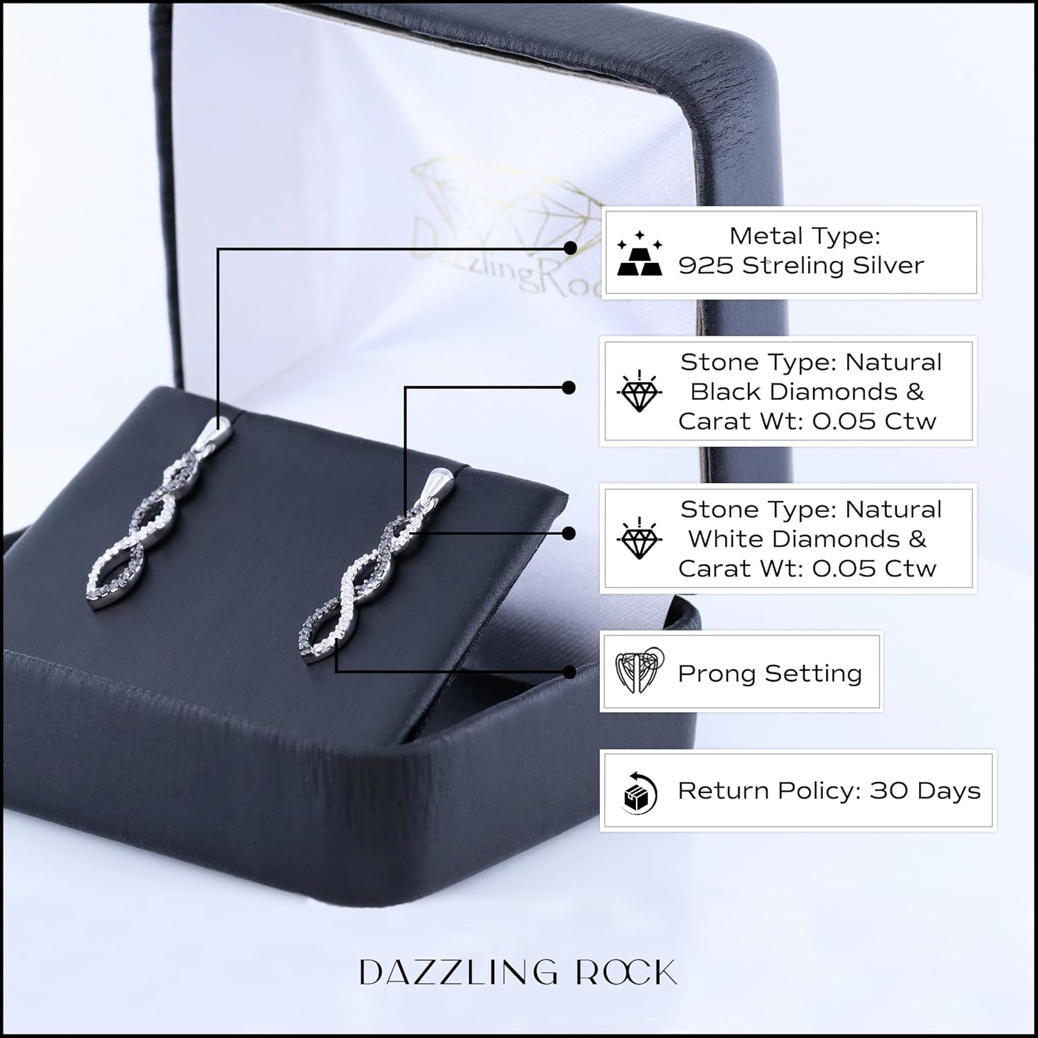 Dazzlingrock Collection Round Black & White Natural Diamond Infinity Swirl Dangling Drop Post Earrings for Women in 925 Sterling Silver - Image 4