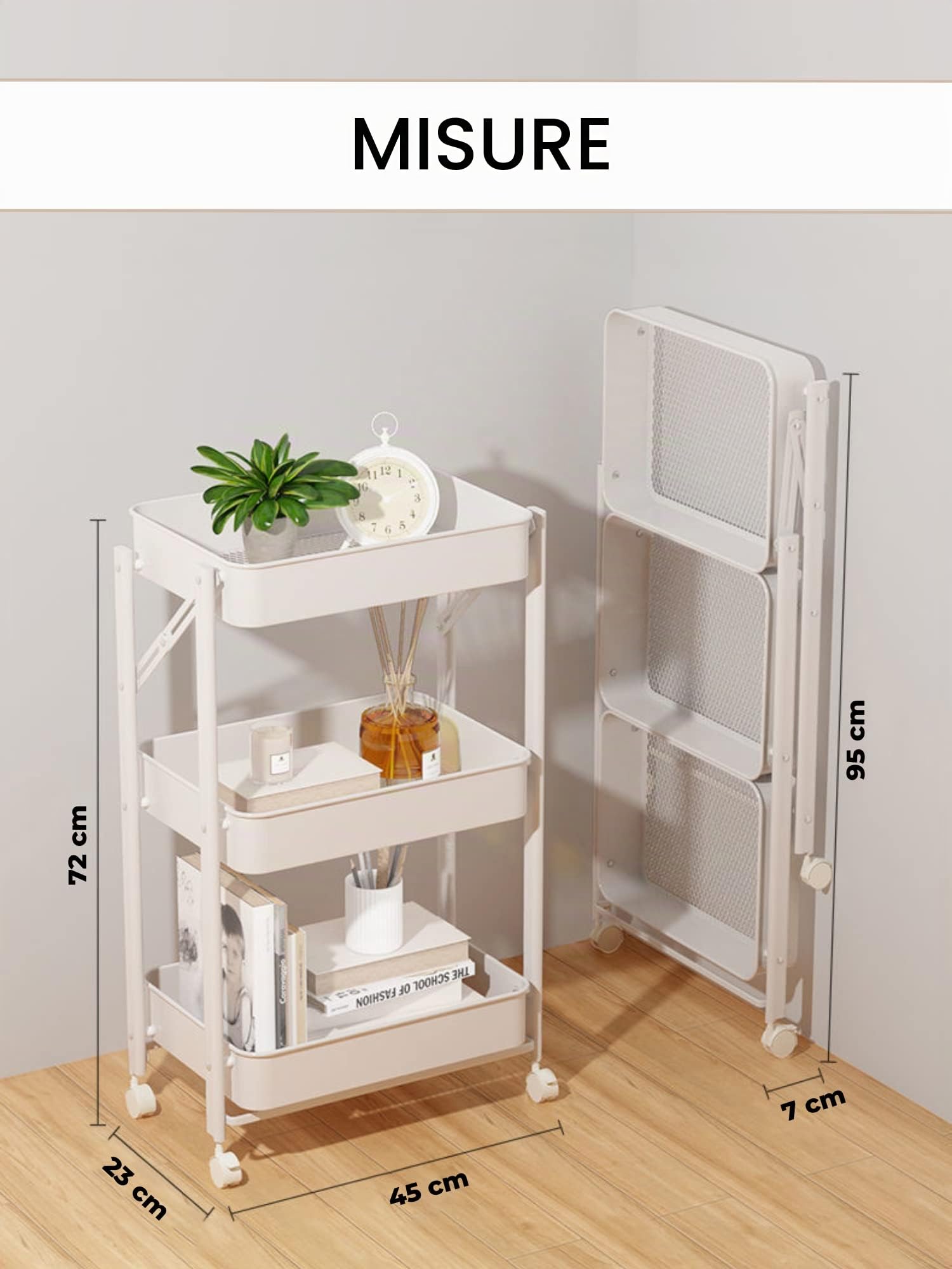 MAGIC SELECT Carrello da cucina ausiliario. Carrello Pieghevole per Fruttivendolo, Multiuso. Mensola da cucina con ruote. Carrello di servizio con 3 livelli di stoccaggio per la casa, il bagno.