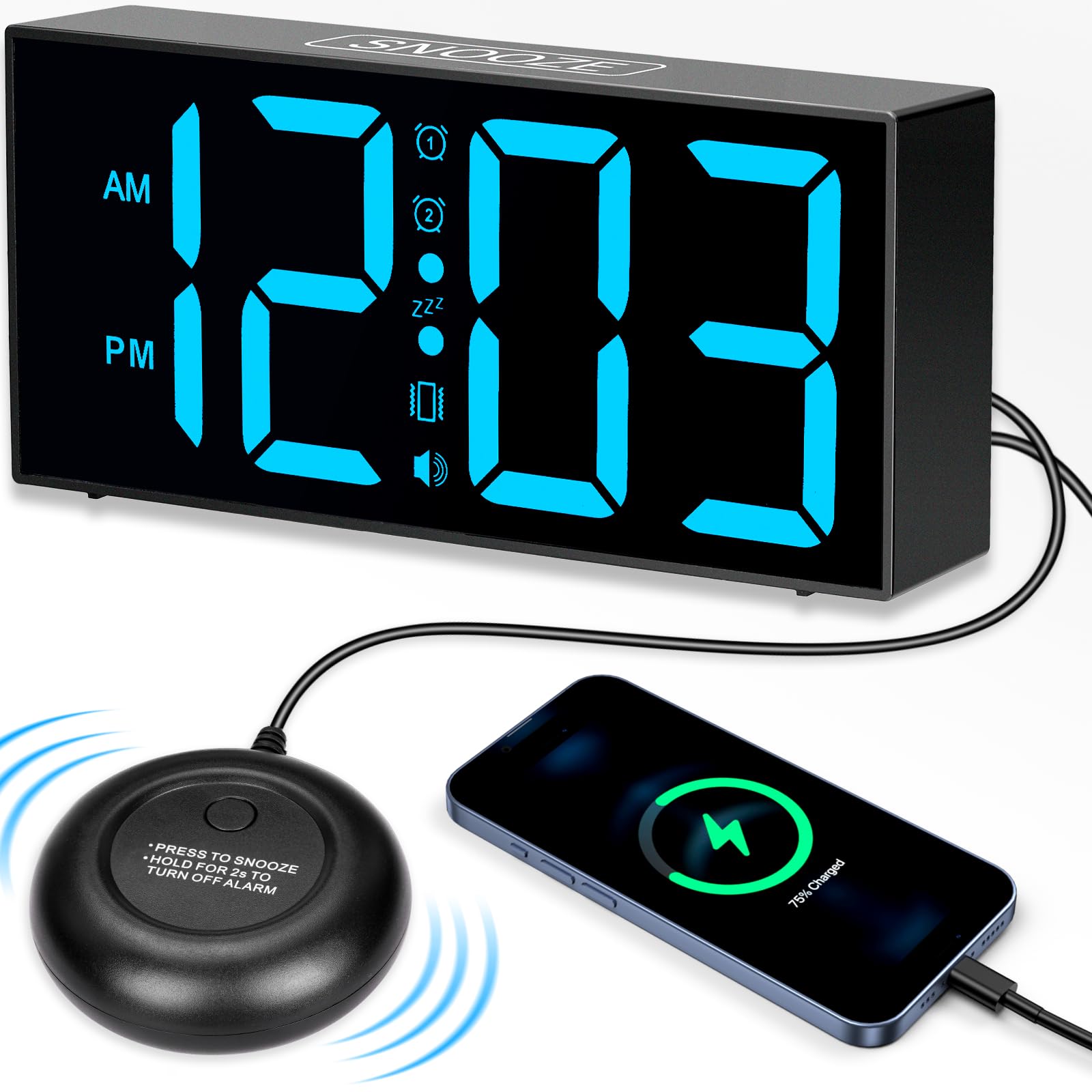 Sveglia da Comodino con Vibrazione Orologio Sveglia Digitale da Comodino Digitale da Comodino Per Non Udenti, Con Problemi Di Udito, Che Dormono Pesantemente, Snooze, Doppio Allarme, Porta Usb