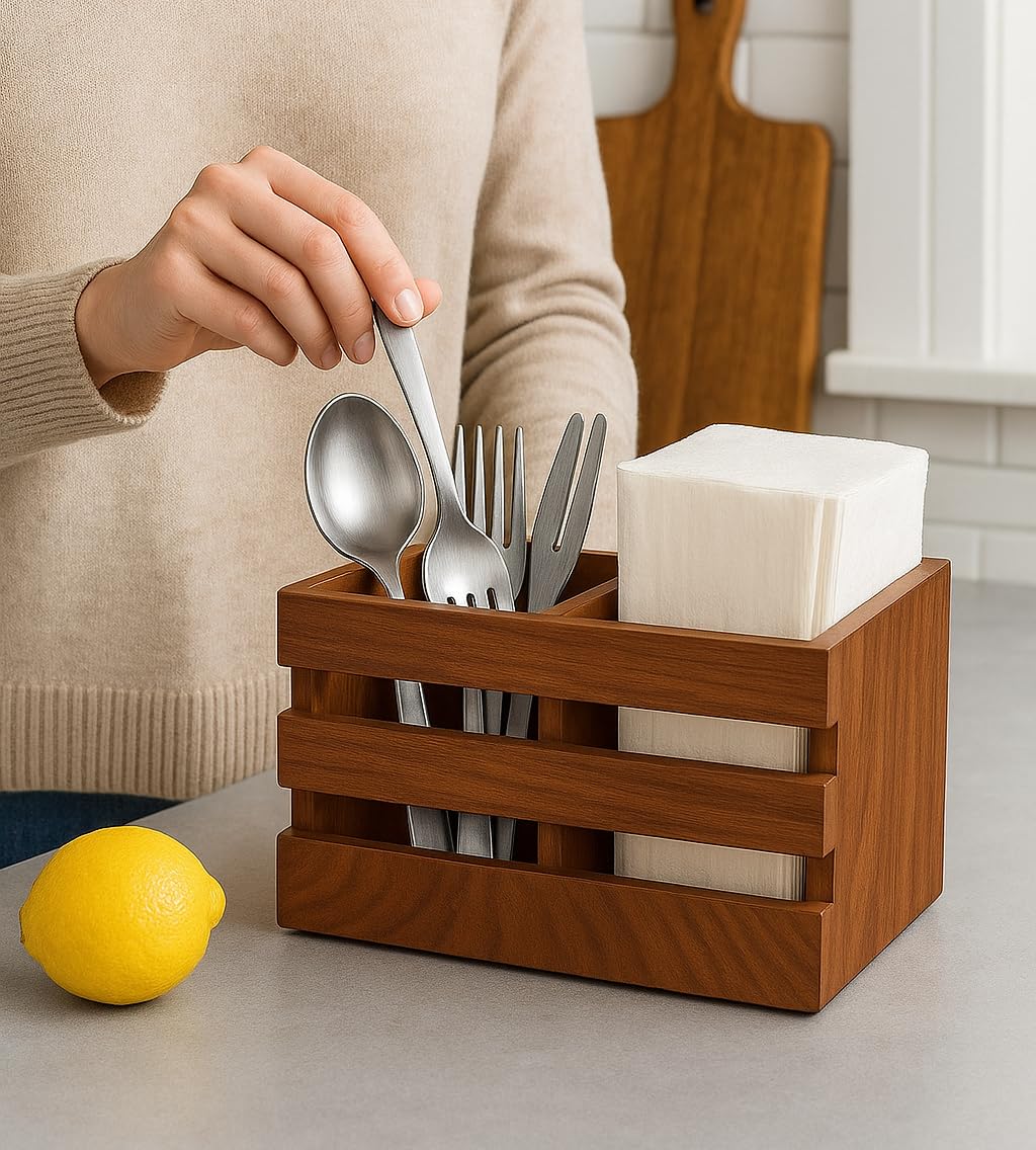 Wooden Cutlery Holder - 2 Compartment Organizer -1