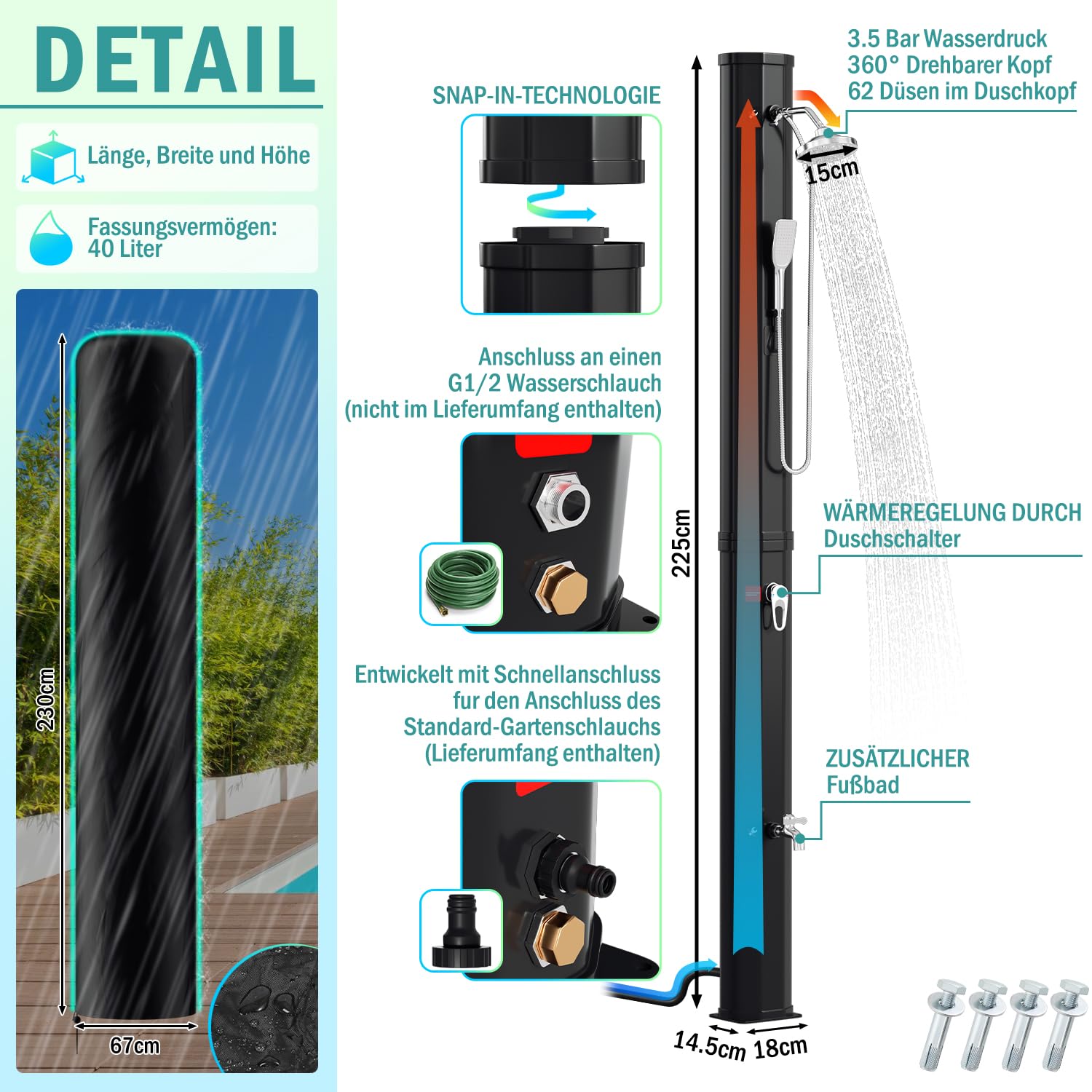Randaco Solardusche Solar Gartendusche warmes Wasser Bis Zu 60°C Ohne Stromanschluss Pooldusche Camping mit Fußdusche und schwenkbarem Regenduschkopf Schwarz (40L)