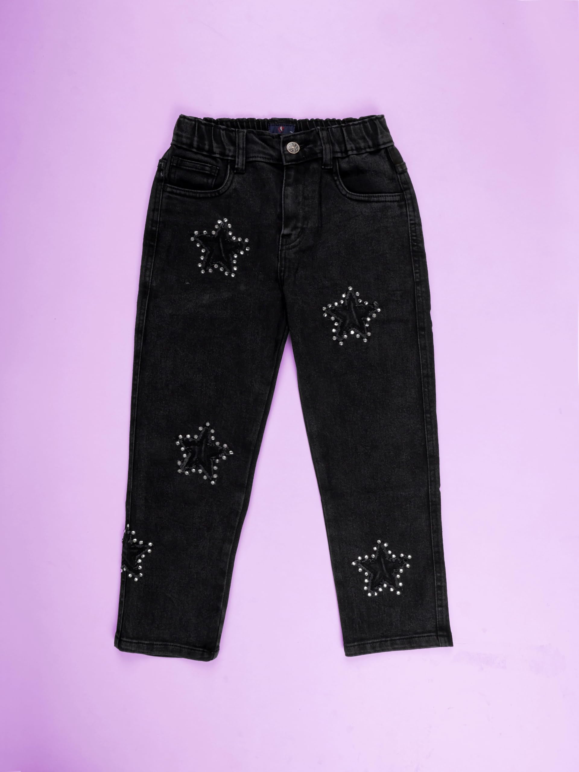 KiddoPanti Girls Full Length Frayed Star Patch Washed Denim Jeans with Elasticated Waistband, Black Rag Wash with Rhinestones - 10-12Y 1