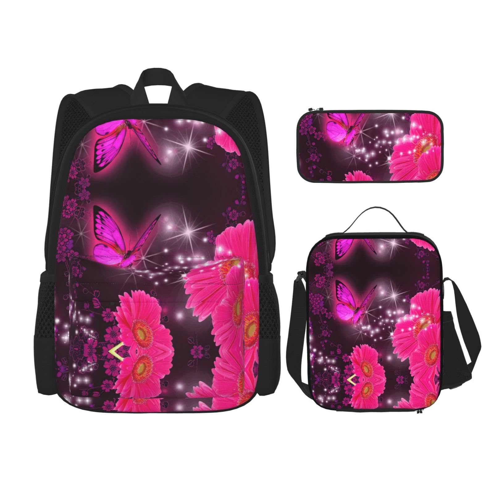 Juego de 3 mochilas escolares con estampado de mariposas moradas y flores rosadas, mochila para laptop resistente al agua de gran capacidad con bolsa de almuerzo aislada y estuche para lápices para