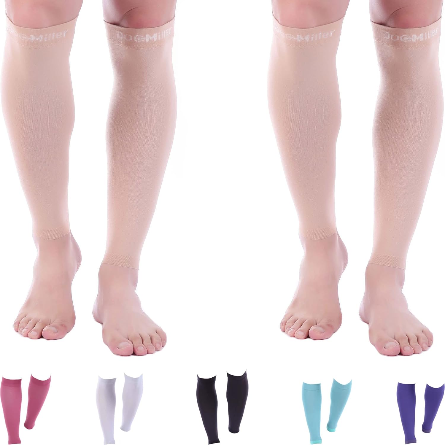 Doc Miller Compression Calf Sleeve for Men & Women, Premium Medical Grade, 20-30mmHg Graduated Support for Running, Calf Tear, Shin Splints, Knee High, Skin/Nude Calf Sleeves, Large Size, 2 Pair