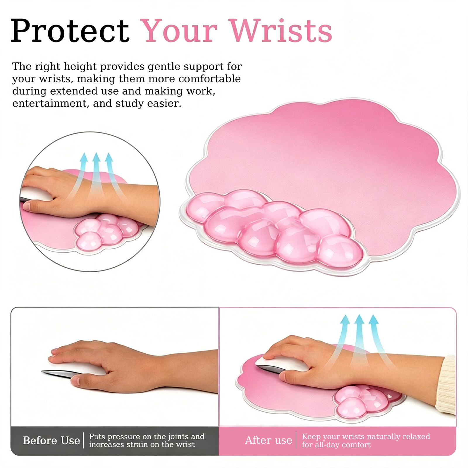 Poggiapolsi in gel e tappetino per mouse a forma di nuvola, per tastiere e mouse, ergonomico, rosa, allevia il dolore da digitazione, computer, laptop, giochi, casa, ufficio, rosa